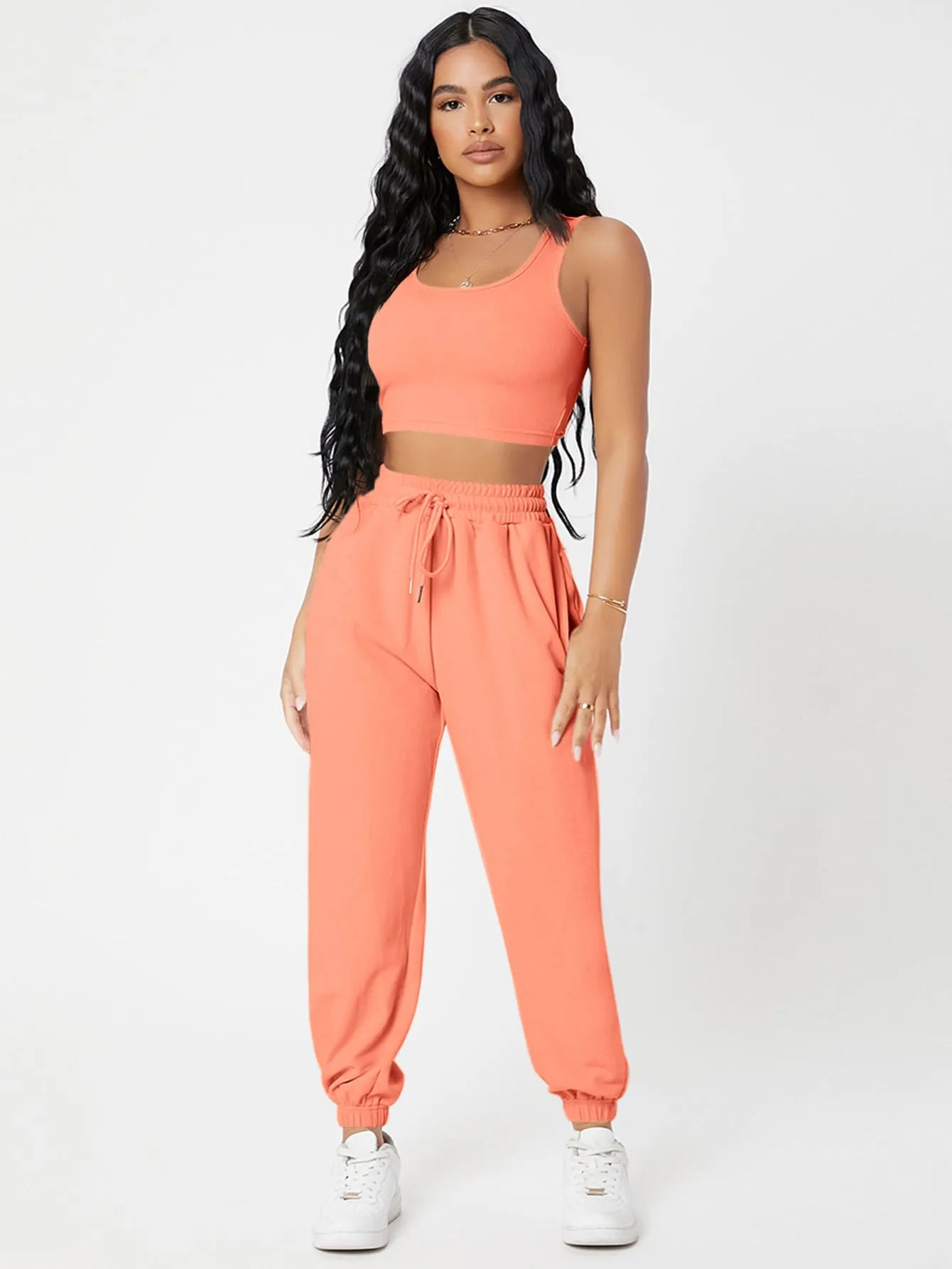 Solid Crop Tank Top And Joggers Set SS23