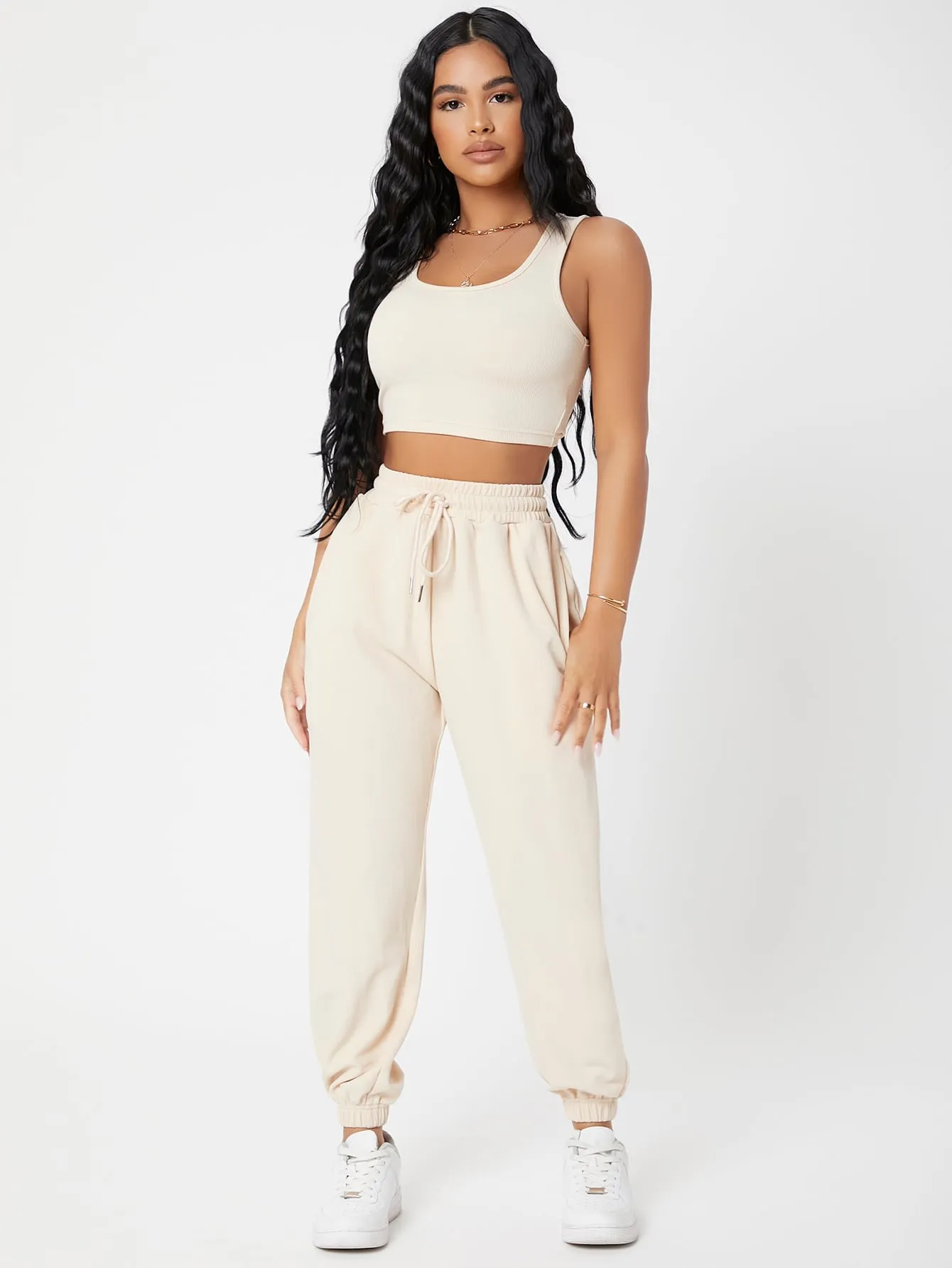 Solid Crop Tank Top And Joggers Set SS23