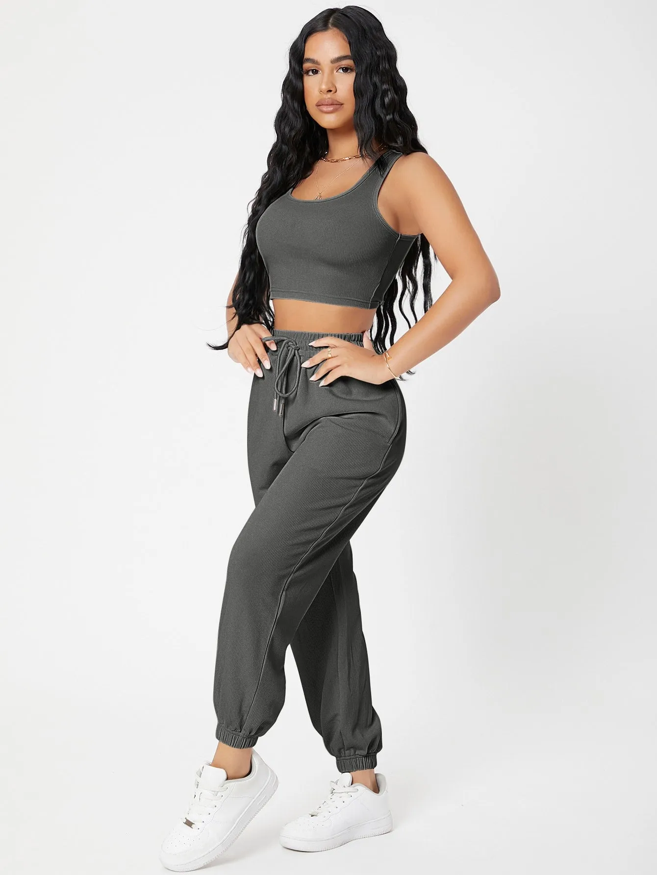 Solid Crop Tank Top And Joggers Set SS23