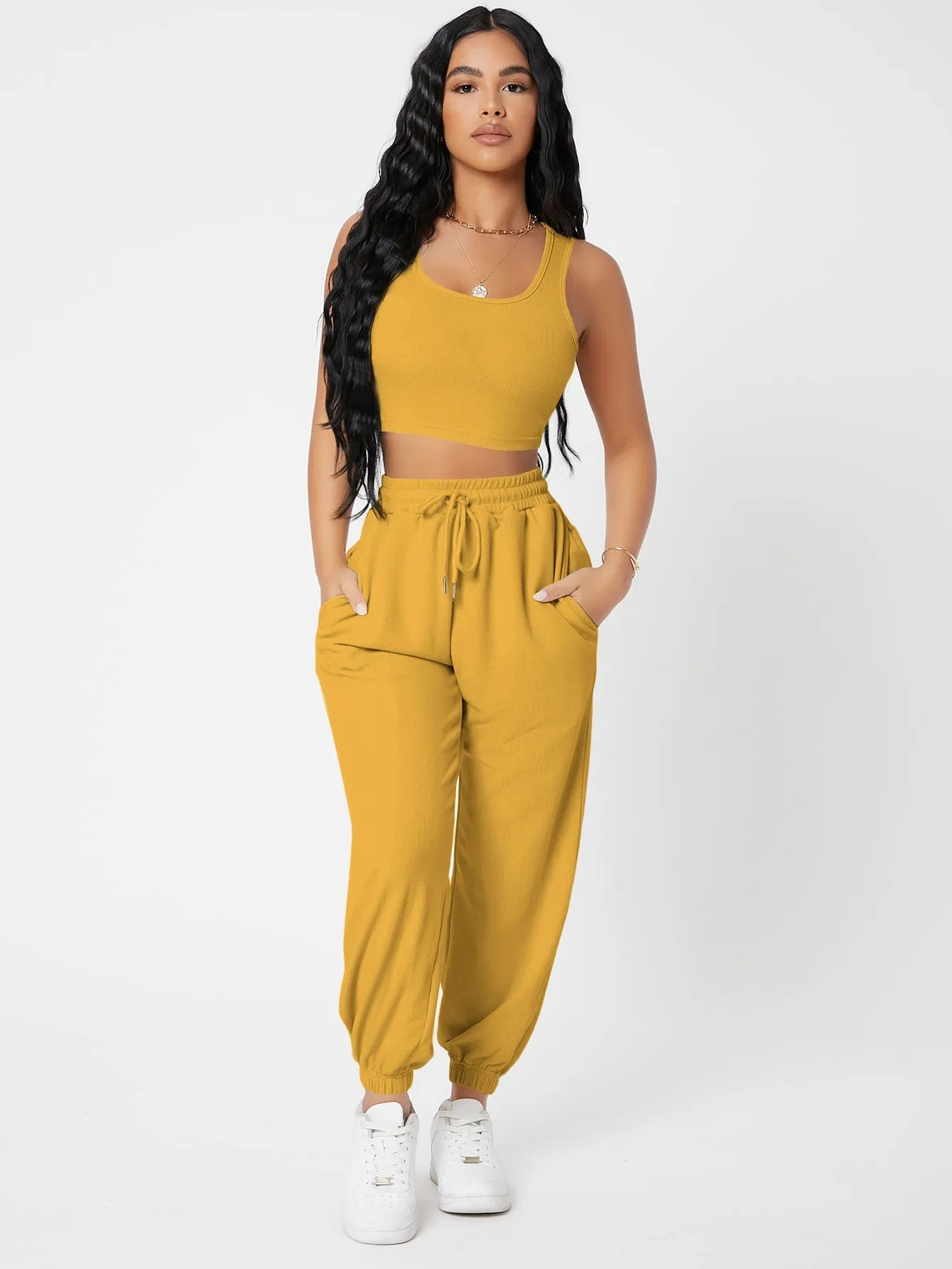 Solid Crop Tank Top And Joggers Set SS23