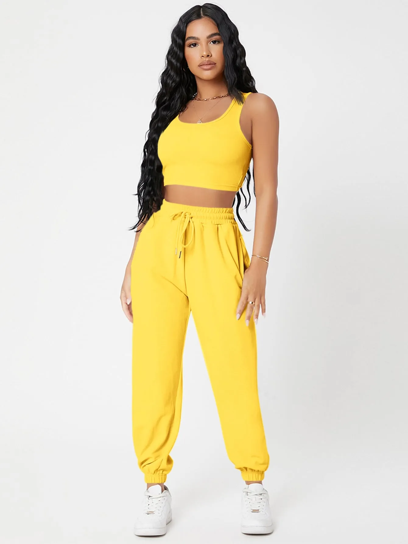 Solid Crop Tank Top And Joggers Set SS23