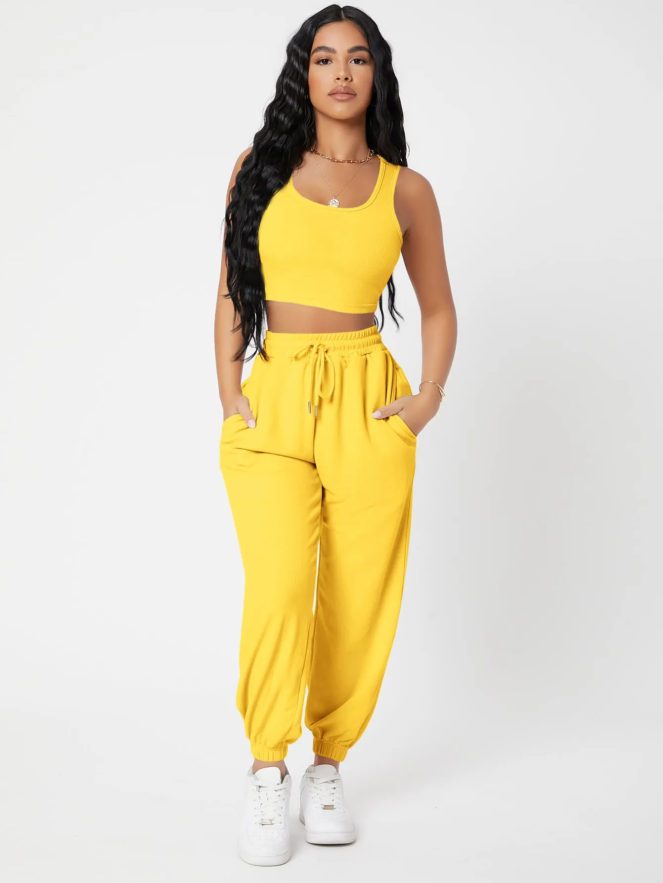 Solid Crop Tank Top And Joggers Set SS23