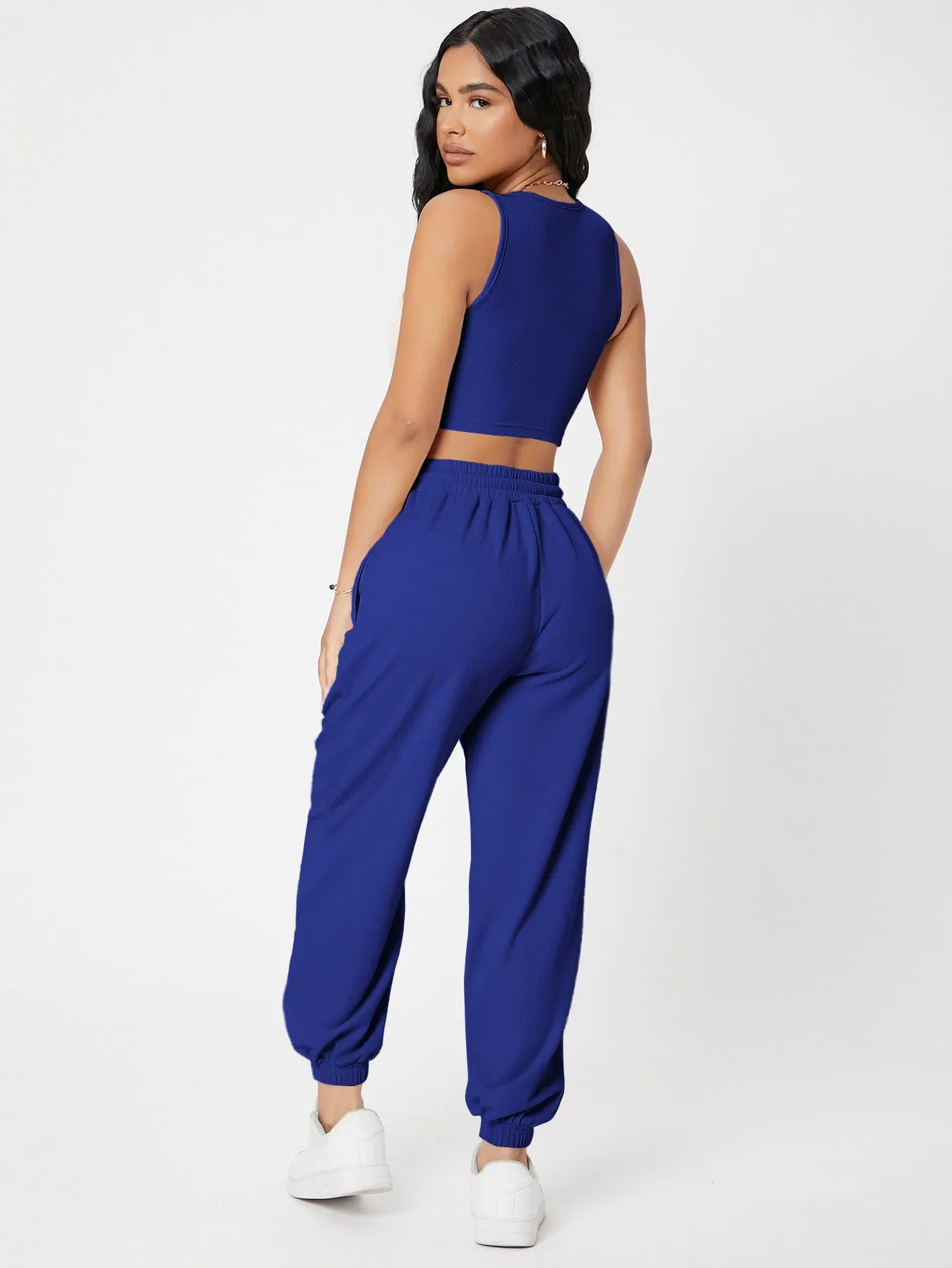 Solid Crop Tank Top And Joggers Set SS23
