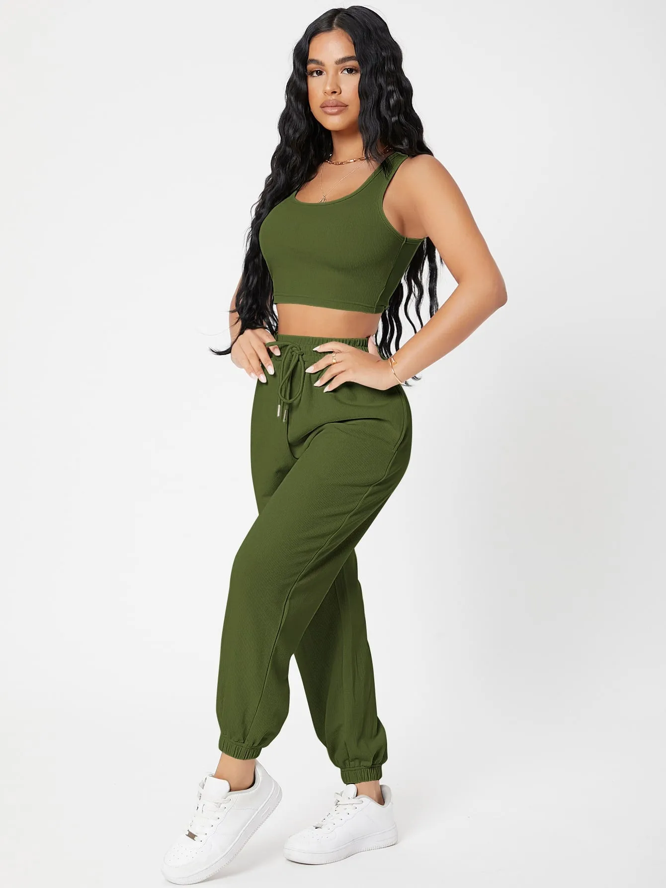 Solid Crop Tank Top And Joggers Set SS23