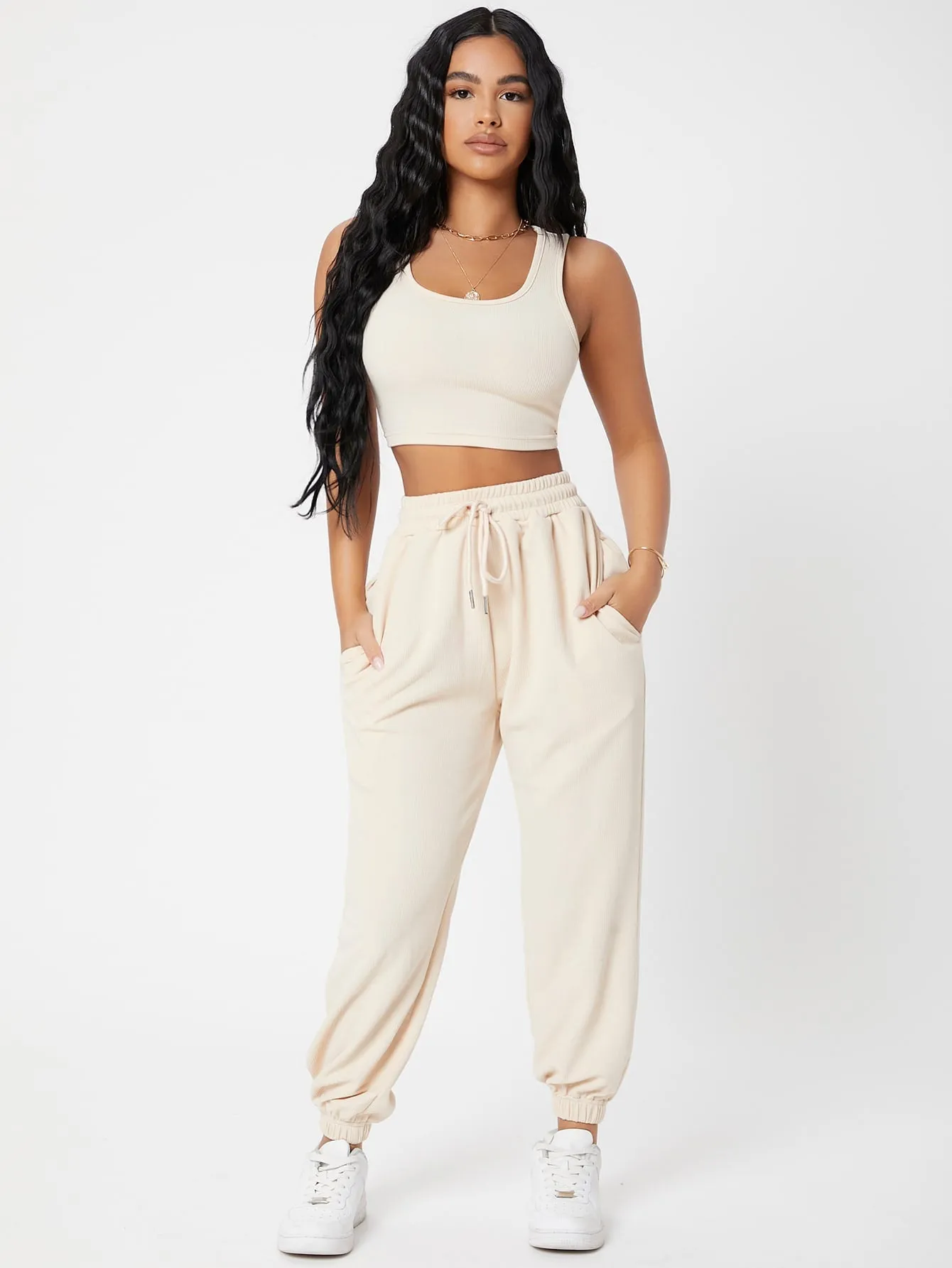 Solid Crop Tank Top And Joggers Set SS23