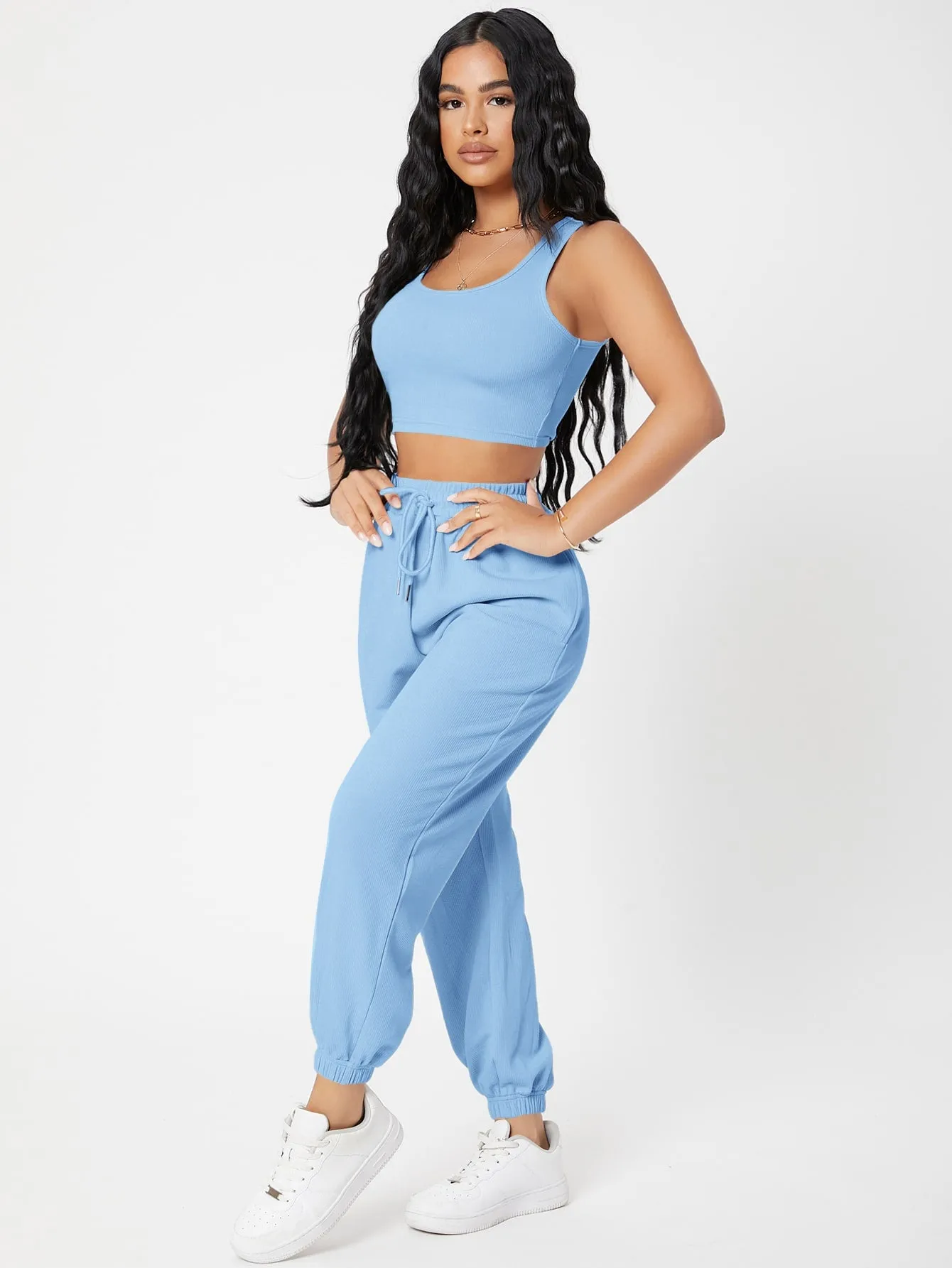 Solid Crop Tank Top And Joggers Set SS23