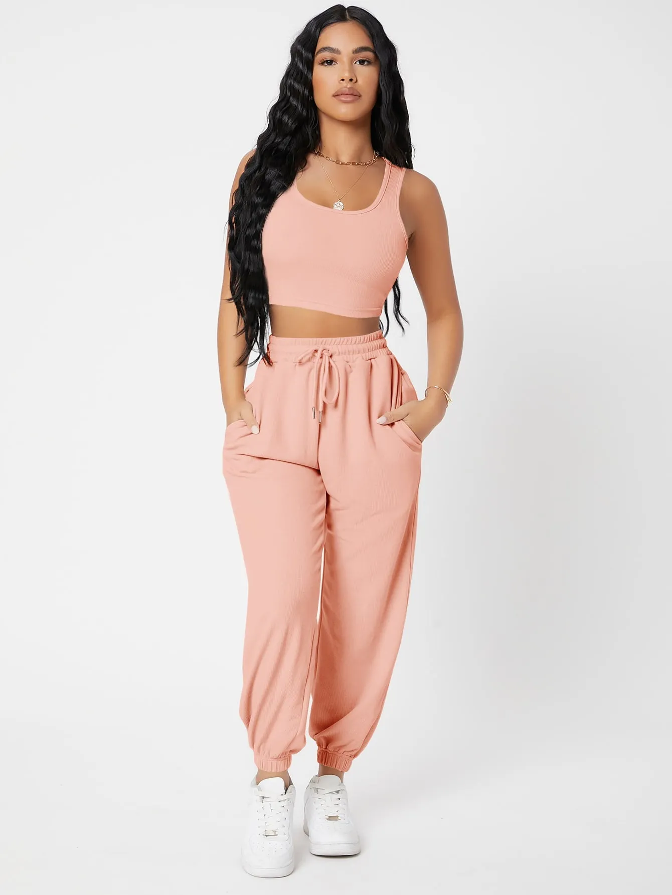 Solid Crop Tank Top And Joggers Set SS23