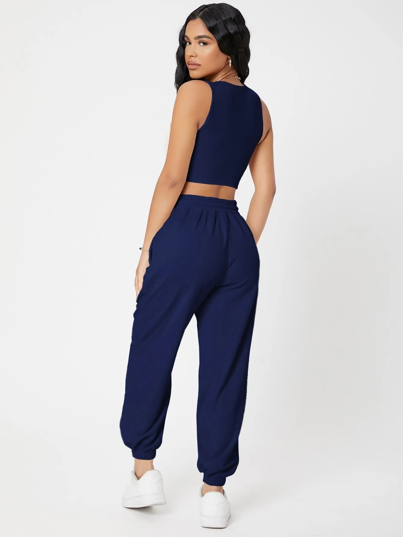 Solid Crop Tank Top And Joggers Set SS23