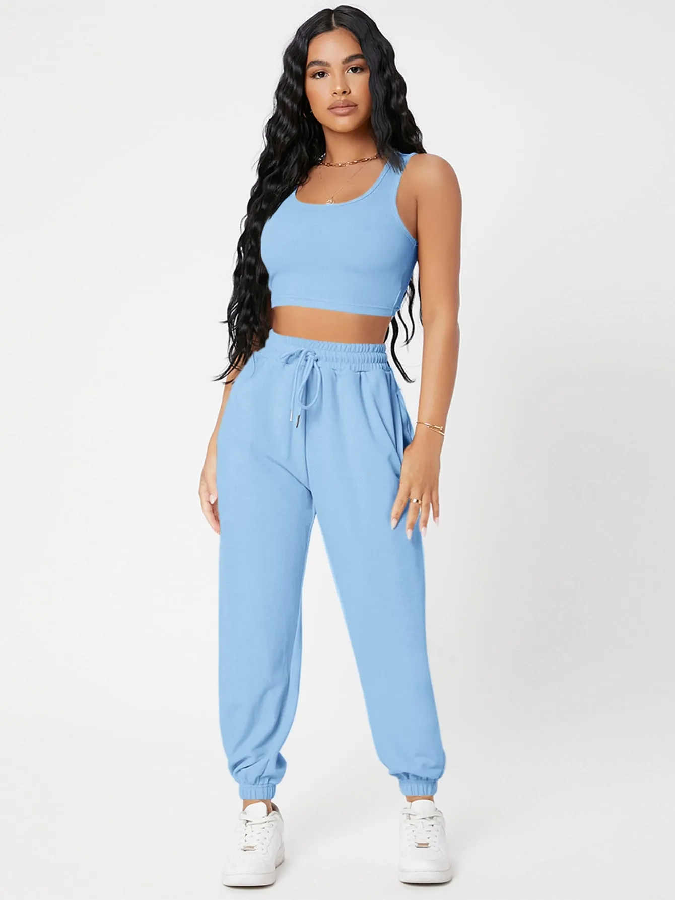 Solid Crop Tank Top And Joggers Set SS23