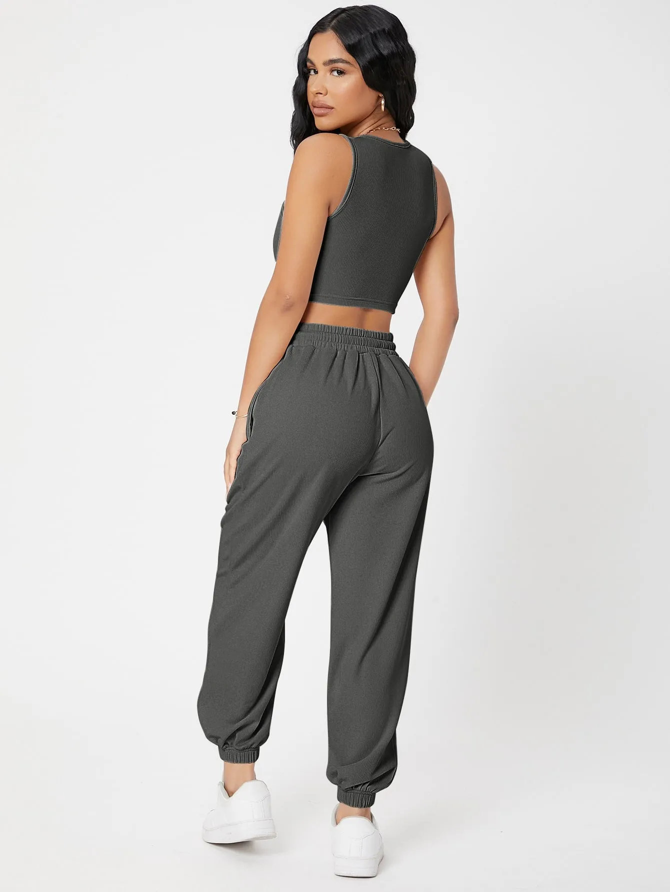 Solid Crop Tank Top And Joggers Set SS23