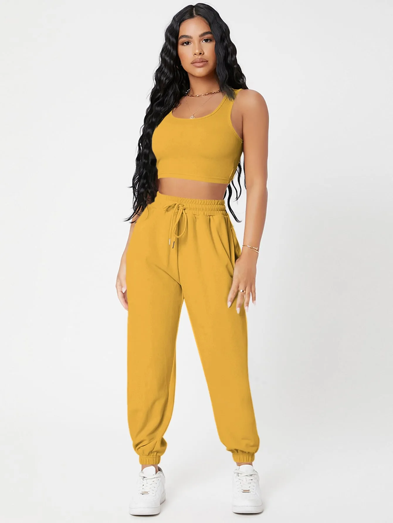 Solid Crop Tank Top And Joggers Set SS23