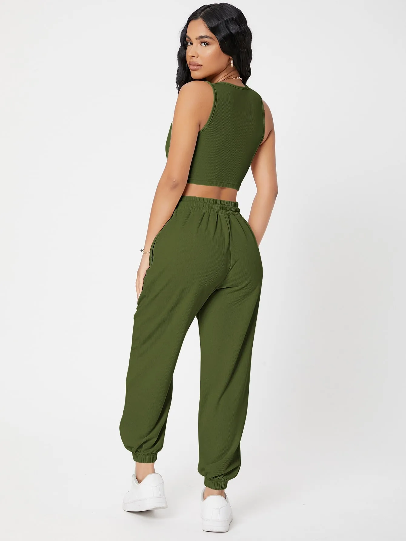 Solid Crop Tank Top And Joggers Set SS23