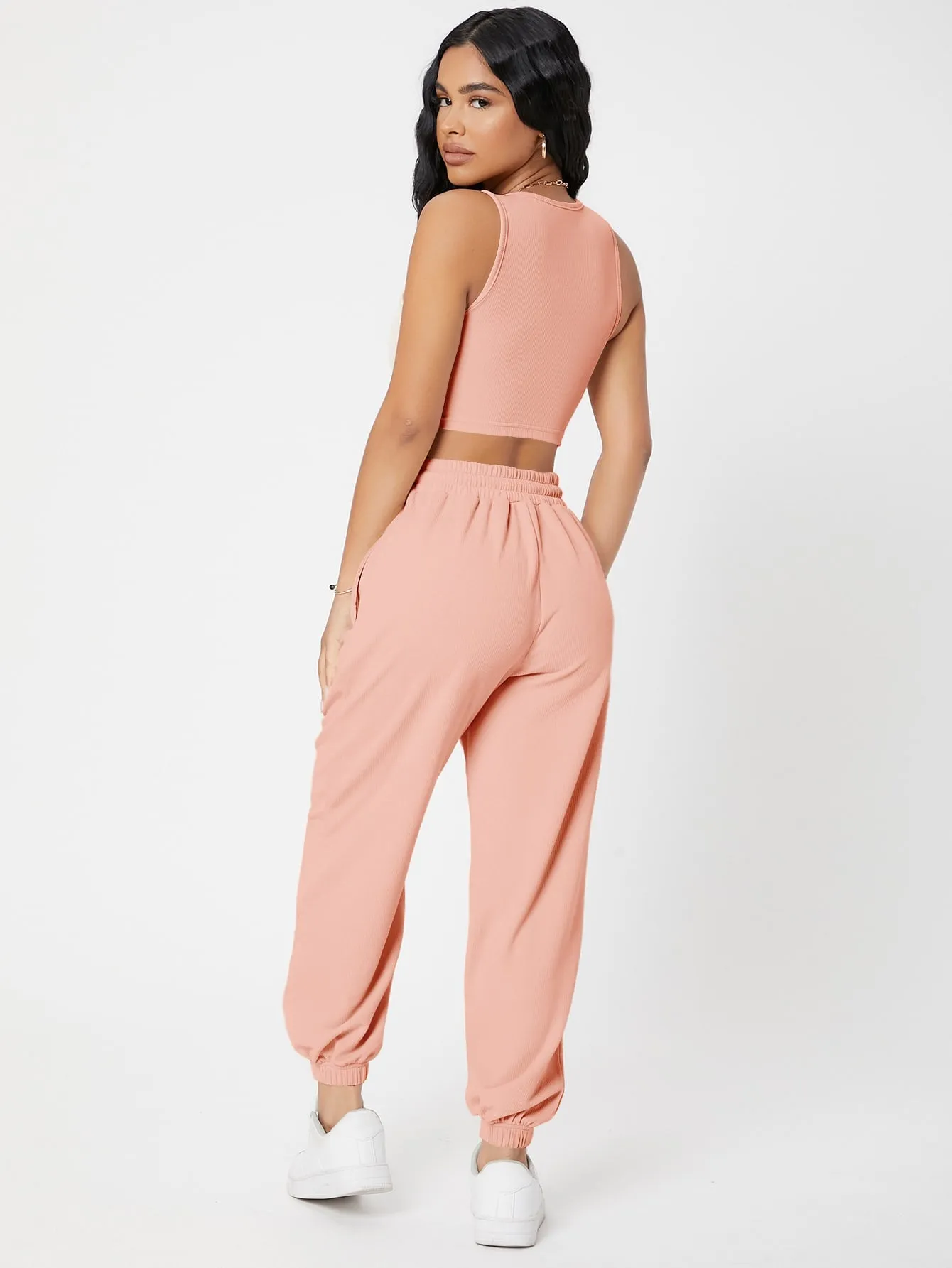 Solid Crop Tank Top And Joggers Set SS23