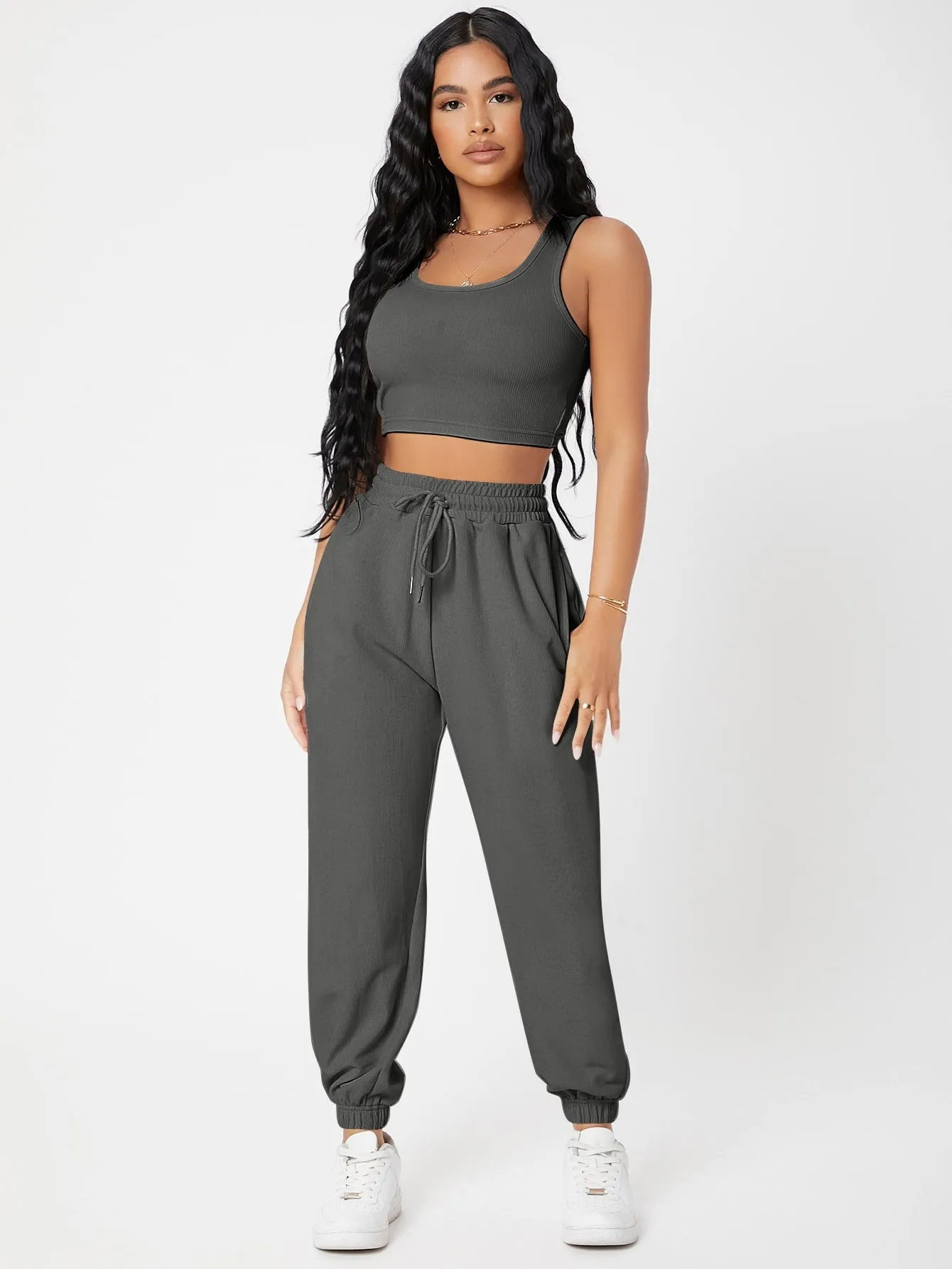 Solid Crop Tank Top And Joggers Set SS23