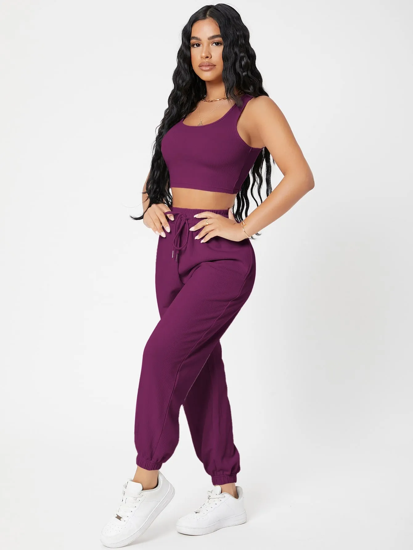 Solid Crop Tank Top And Joggers Set SS23