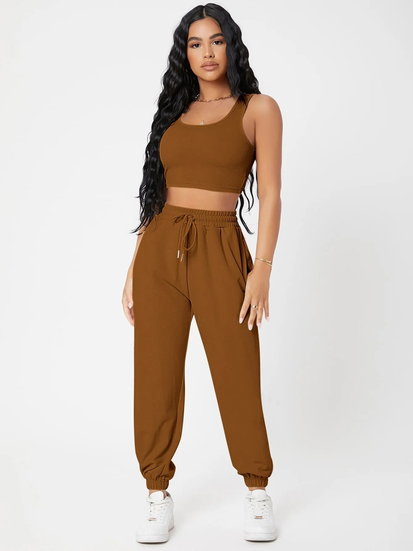 Solid Crop Tank Top And Joggers Set SS23