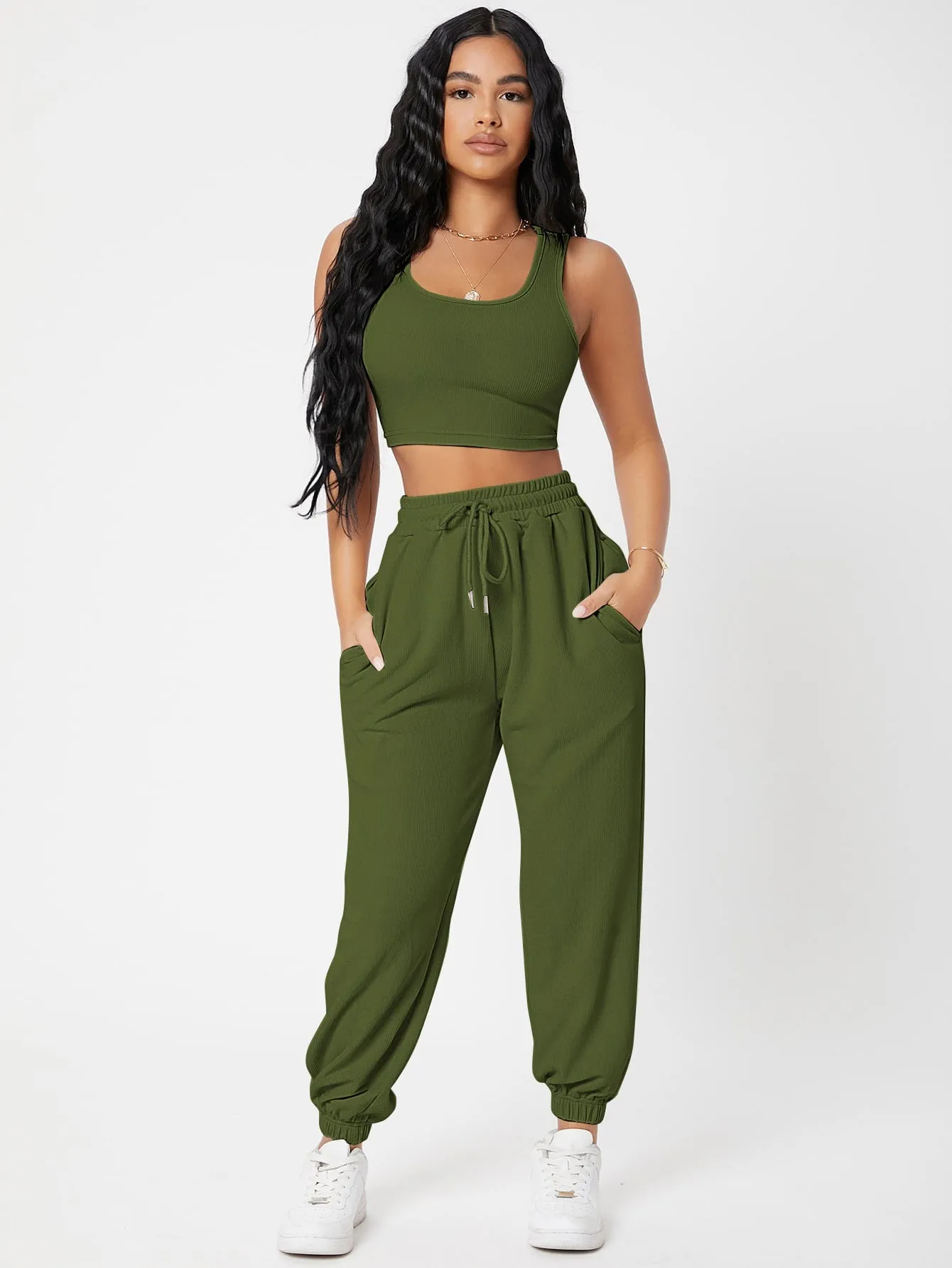 Solid Crop Tank Top And Joggers Set SS23