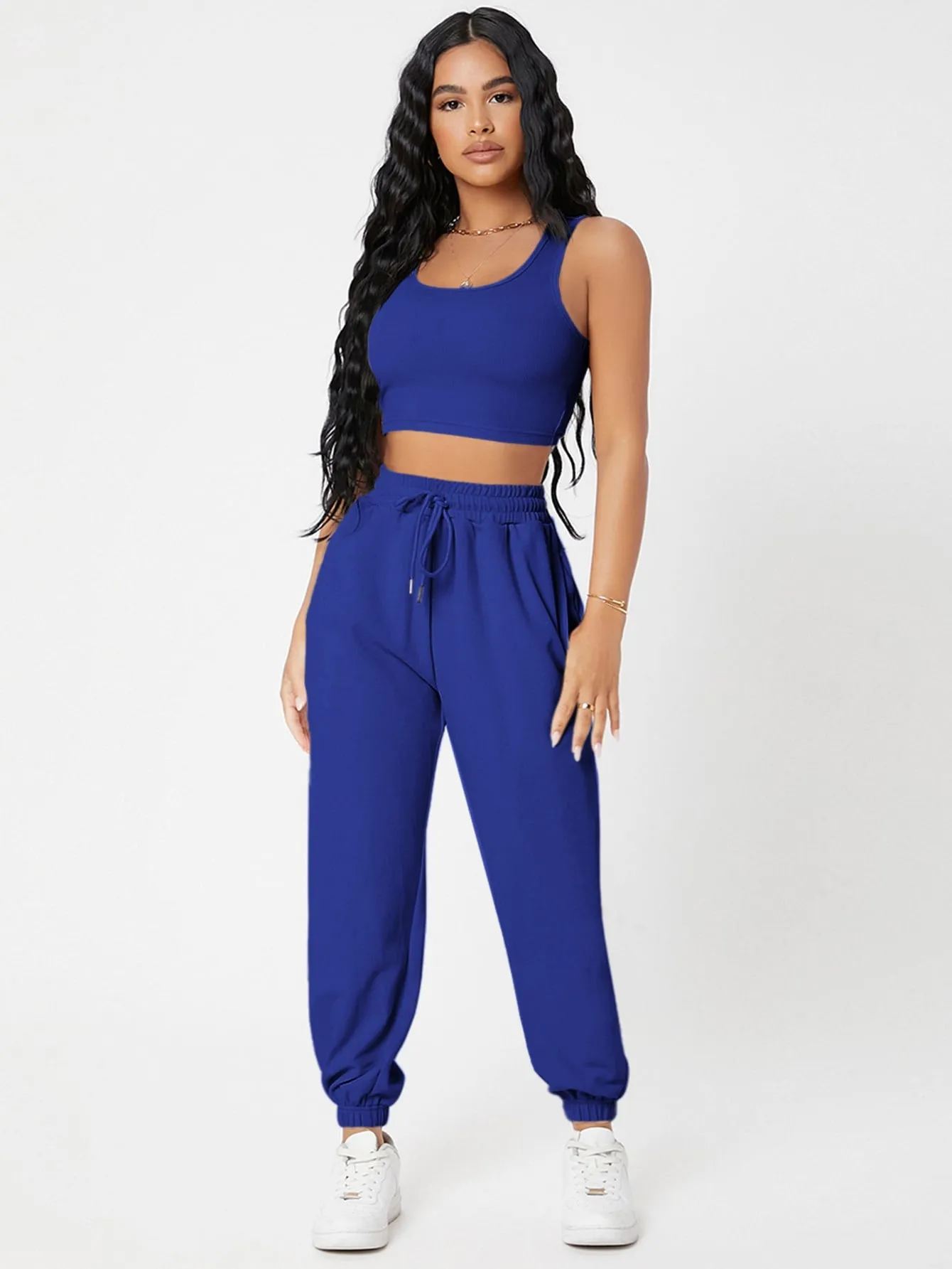 Solid Crop Tank Top And Joggers Set SS23