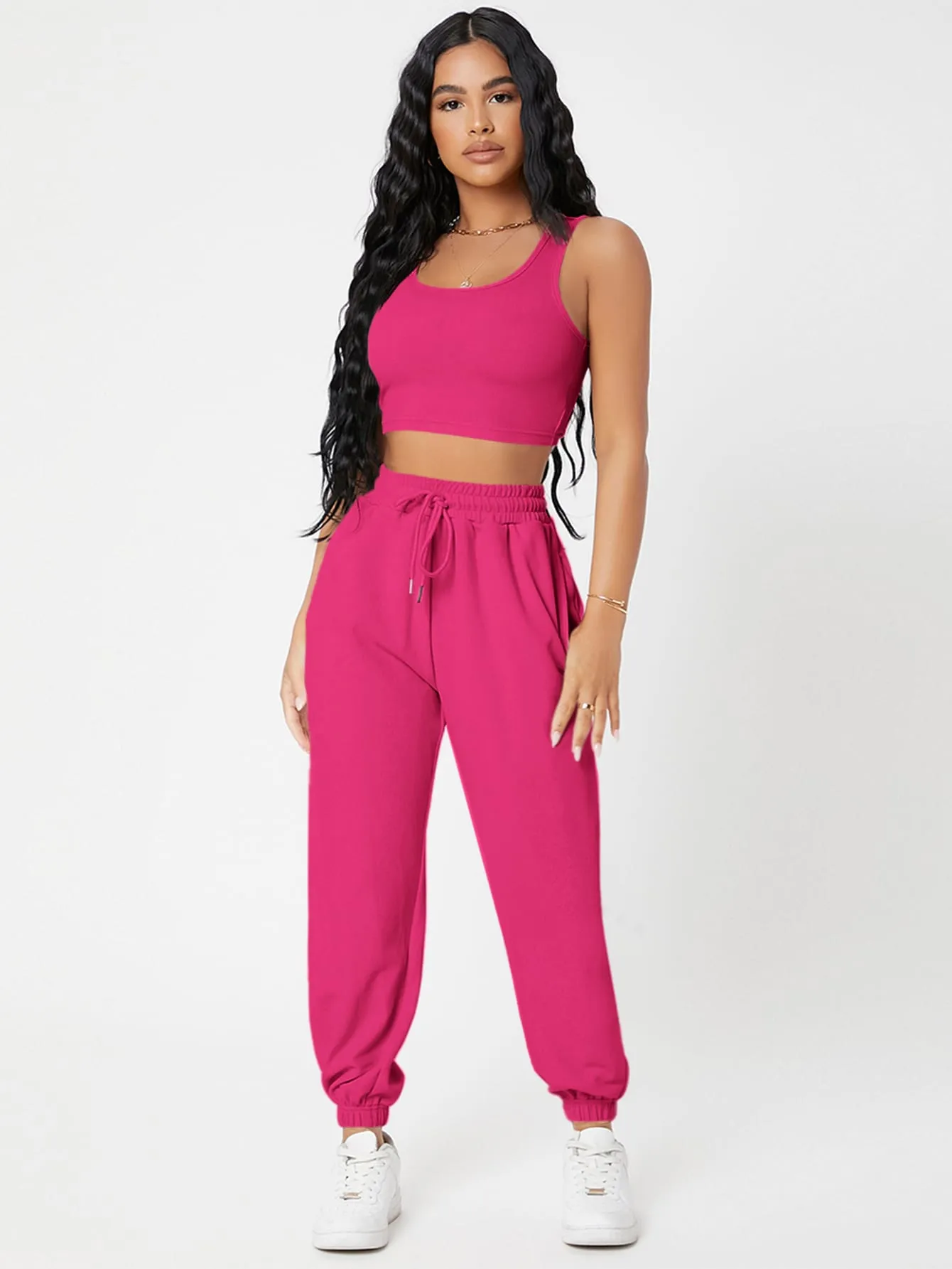 Solid Crop Tank Top And Joggers Set SS23