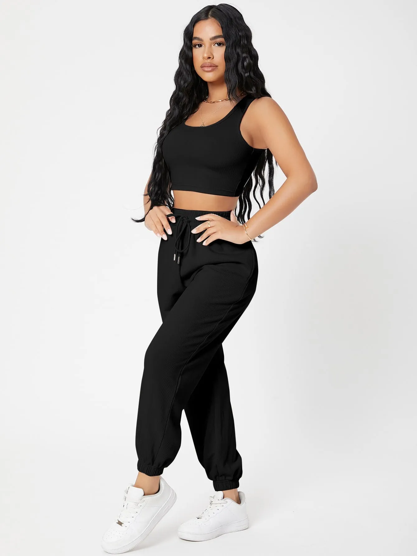 Solid Crop Tank Top And Joggers Set SS23