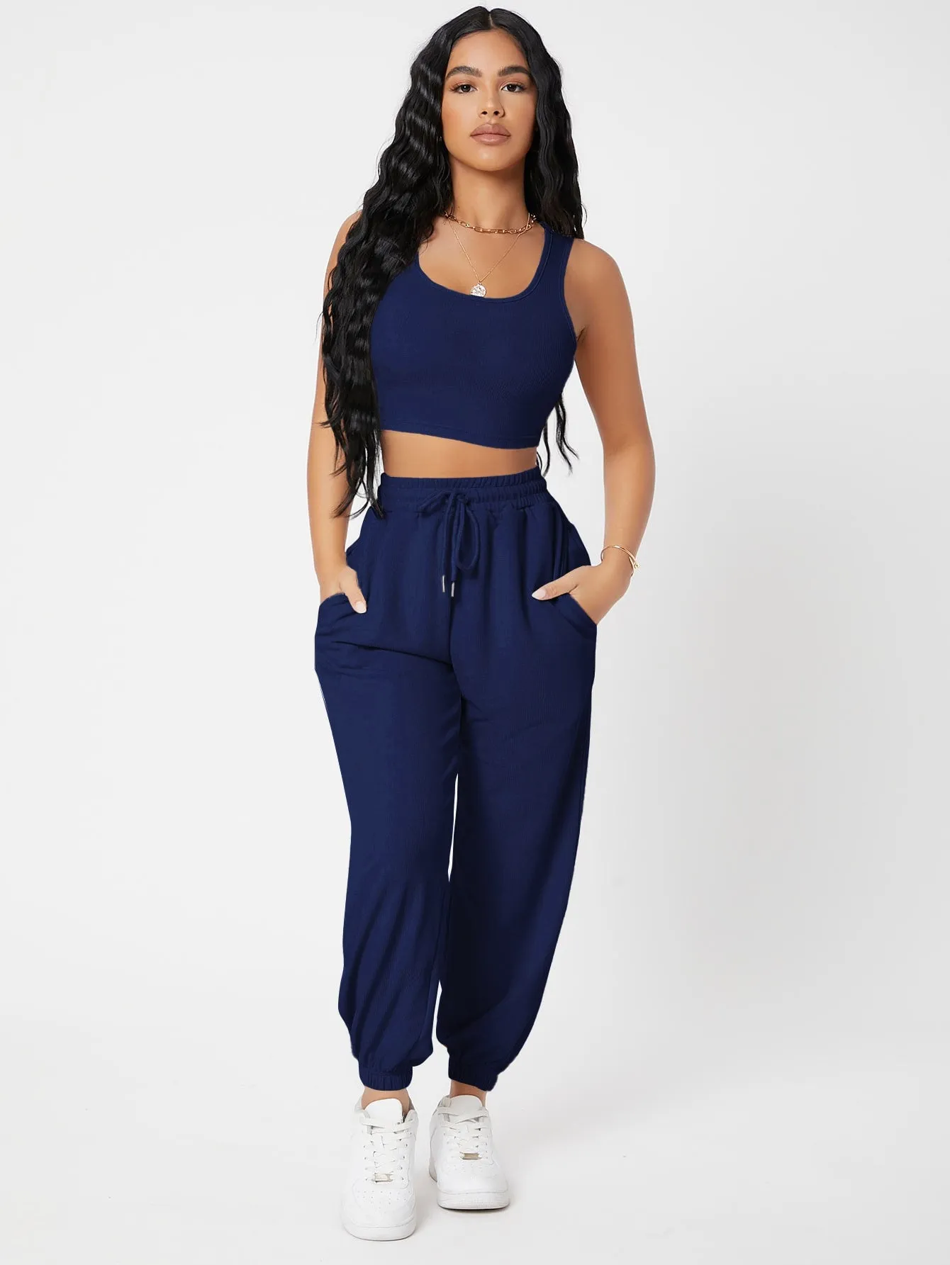 Solid Crop Tank Top And Joggers Set SS23
