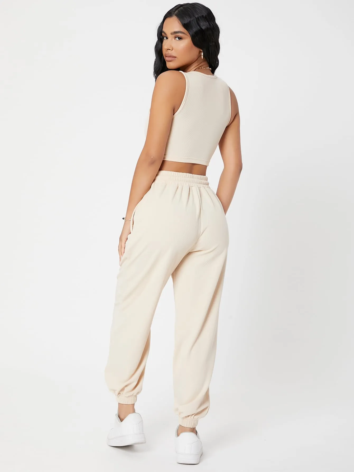 Solid Crop Tank Top And Joggers Set SS23