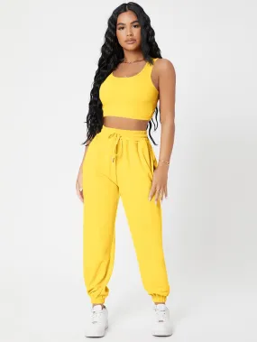 Solid Crop Tank Top And Joggers Set SS23