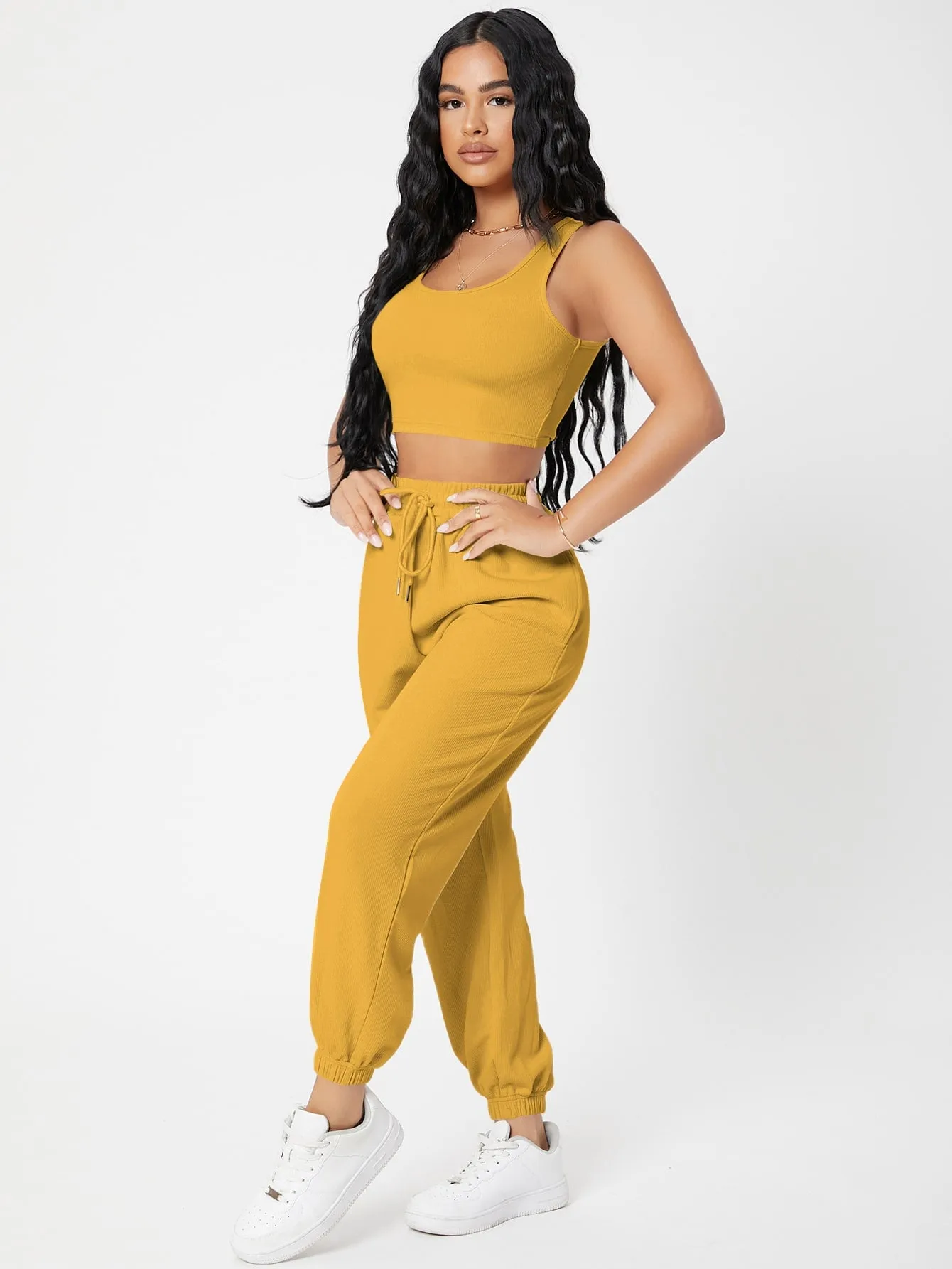 Solid Crop Tank Top And Joggers Set SS23
