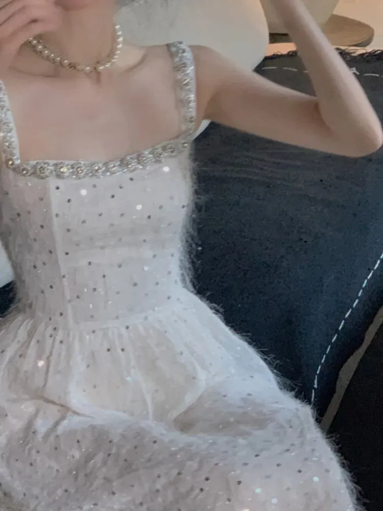 Summer Women Strap Elegant Party Midi Vintage Wedding Evening Birthday Holiday Clothes Sequined Vestidos Prom Dress 2024