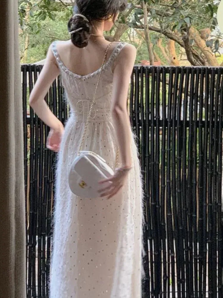 Summer Women Strap Elegant Party Midi Vintage Wedding Evening Birthday Holiday Clothes Sequined Vestidos Prom Dress 2024