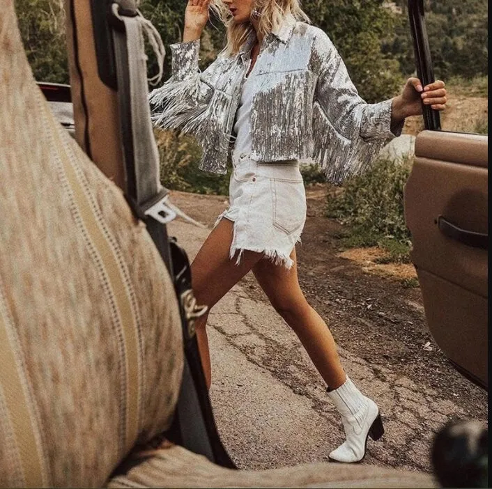 Tassel Sequin Jacket with Fringe Sleeves Cowgirl Festival Outfit Bride Disco Costume