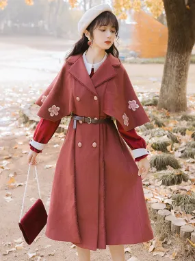 Vintage Cape Woolen Dress Women's Mid-Length Autumn and Winter Skirt Cottagecore Aesthetic Trench Coat