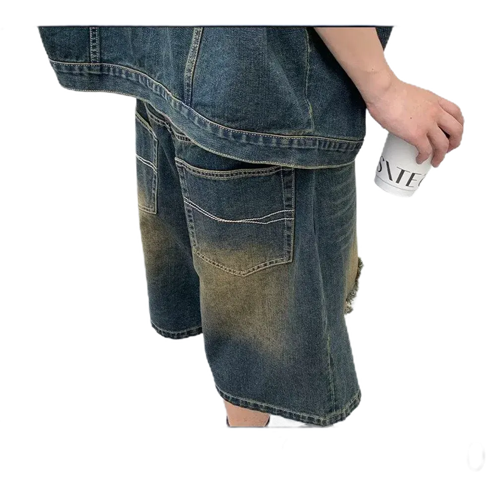 Wiaofellas  -  American vintage washed denim vest men's and women's summer street all loose sleeveless coat two sets