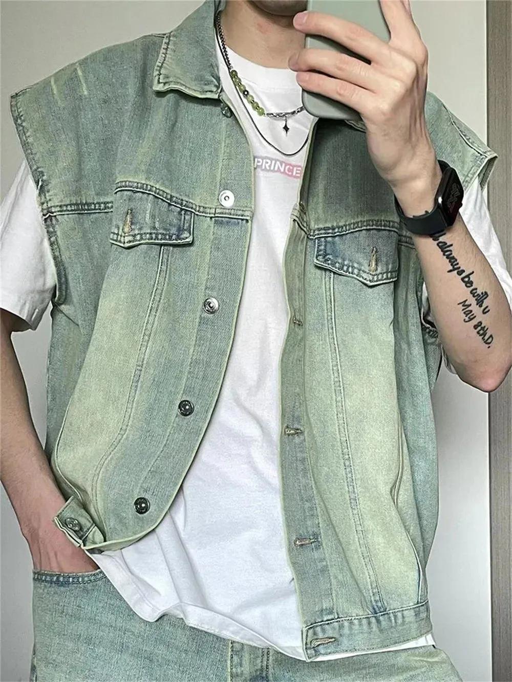 Wiaofellas  -  American vintage washed denim vest men's and women's summer street all loose sleeveless coat two sets