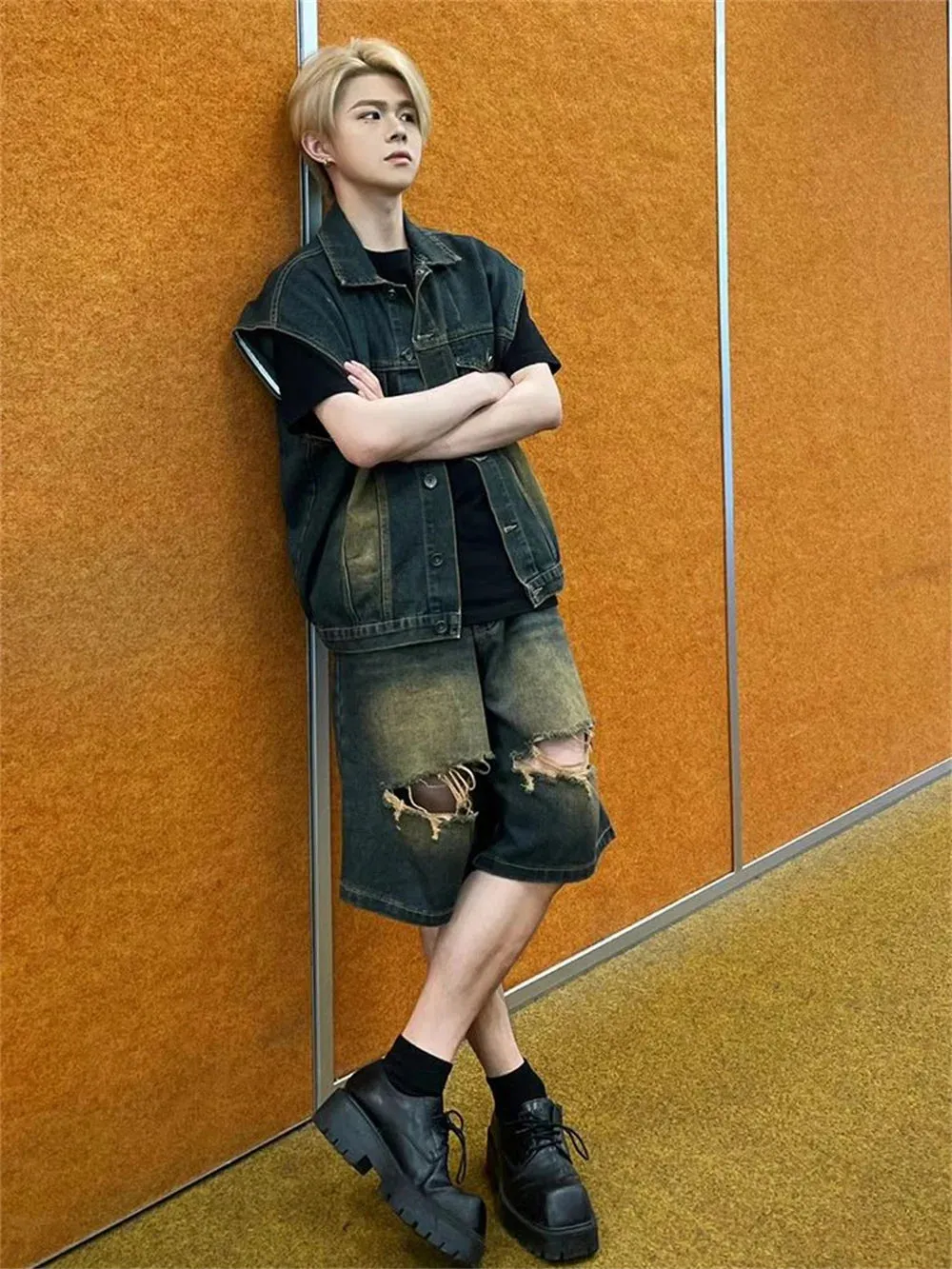 Wiaofellas  -  American vintage washed denim vest men's and women's summer street all loose sleeveless coat two sets