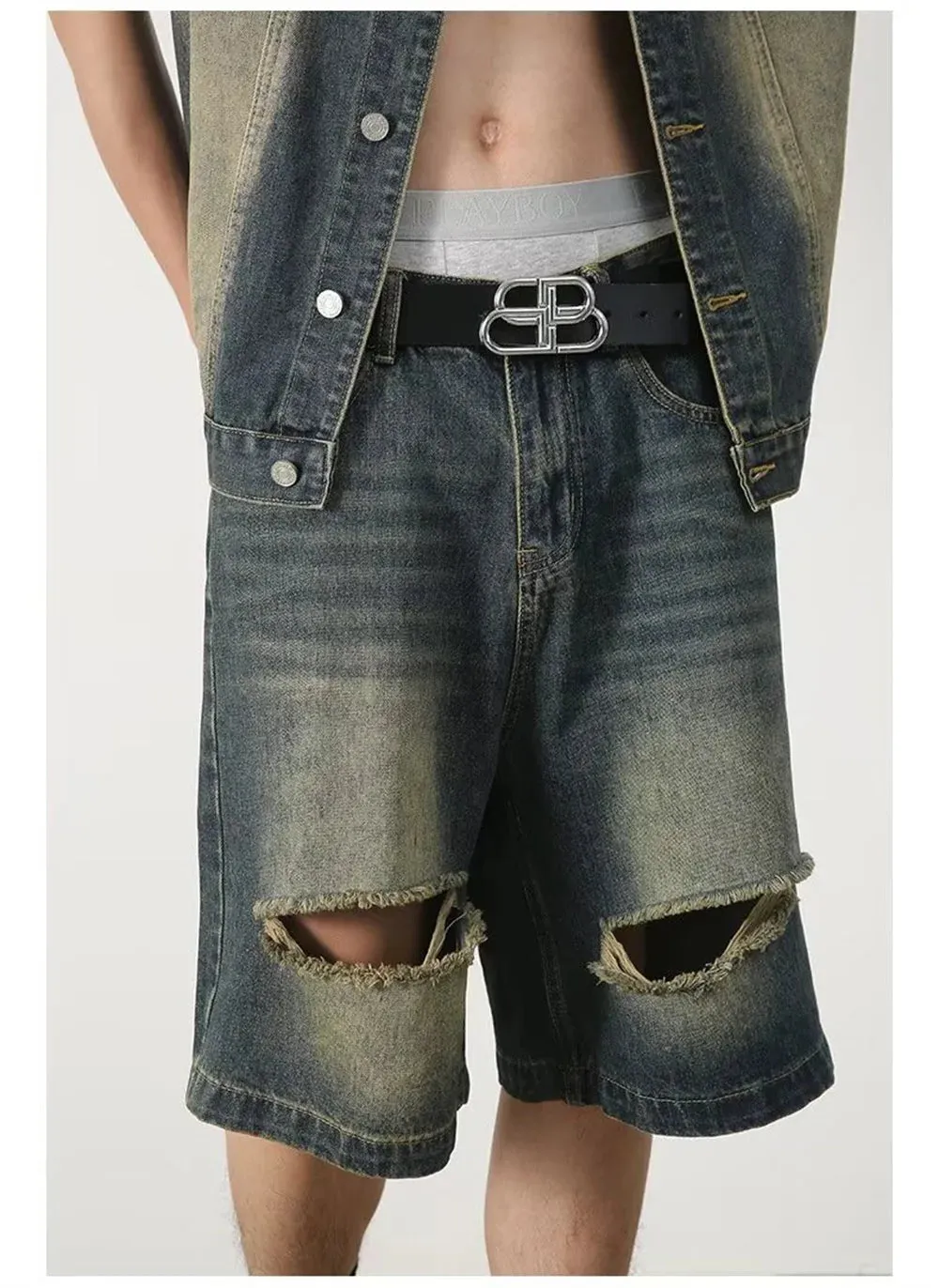 Wiaofellas  -  American vintage washed denim vest men's and women's summer street all loose sleeveless coat two sets