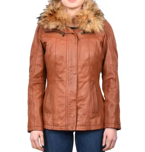 Women's Leather Jacket with Detachable Collar Cognac Allis