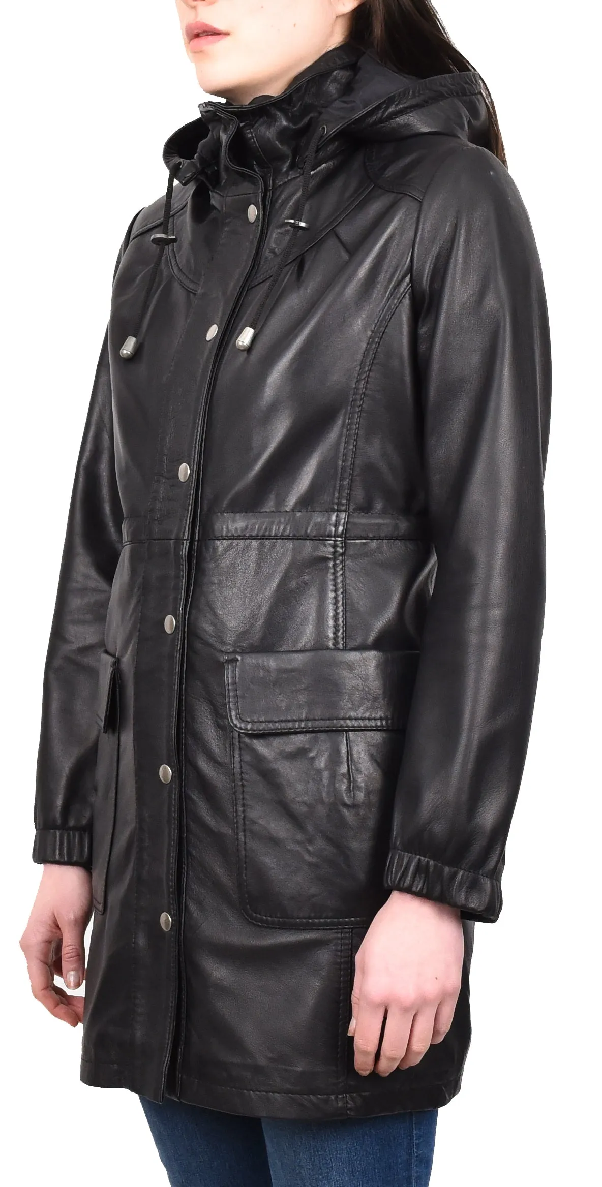 Women's Smart 3/ Length Long Leather Coat Hood Black Yondera