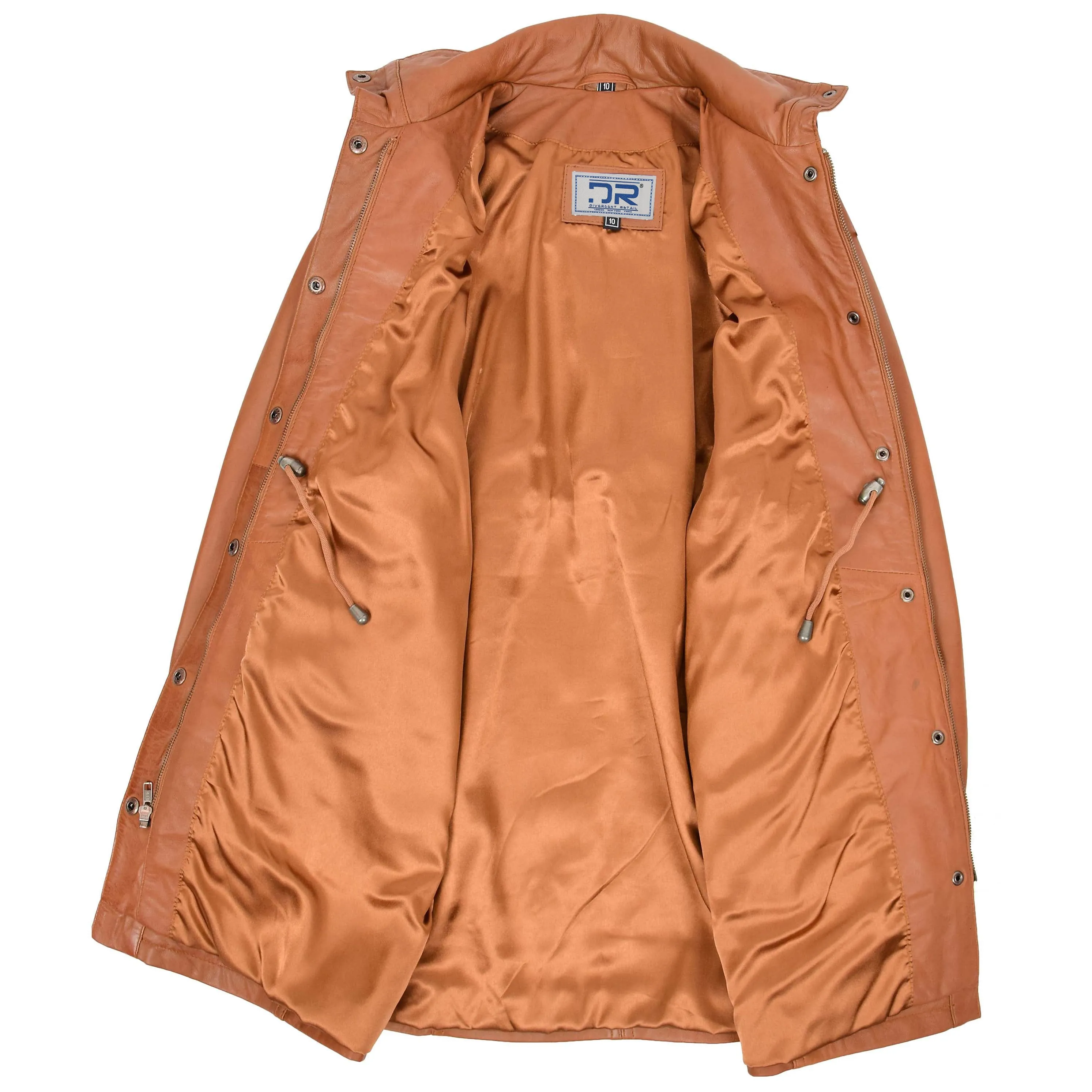 Women's Smart 3/ Length Long Leather Coat Hood Tan Yondera