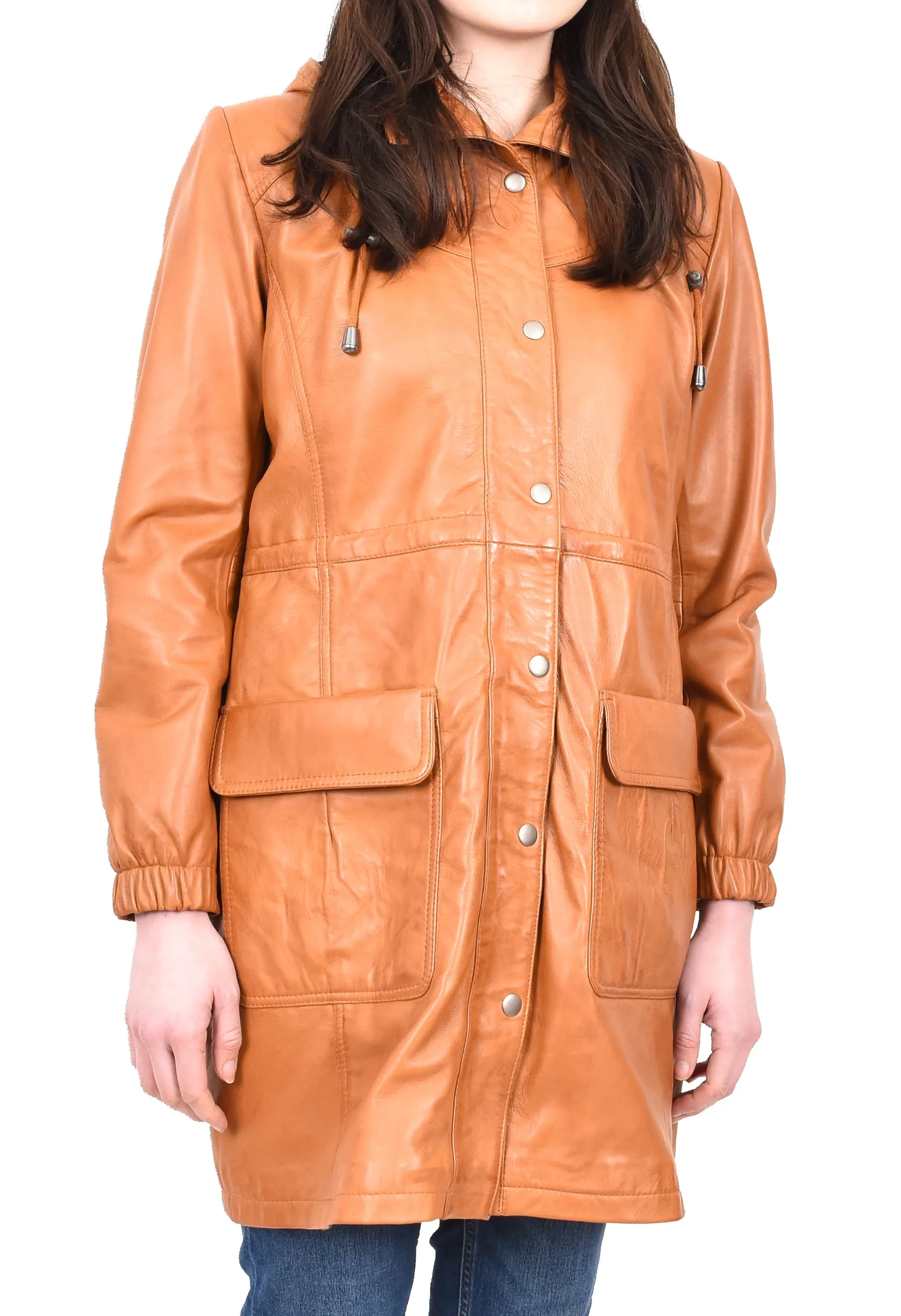 Women's Smart 3/ Length Long Leather Coat Hood Tan Yondera