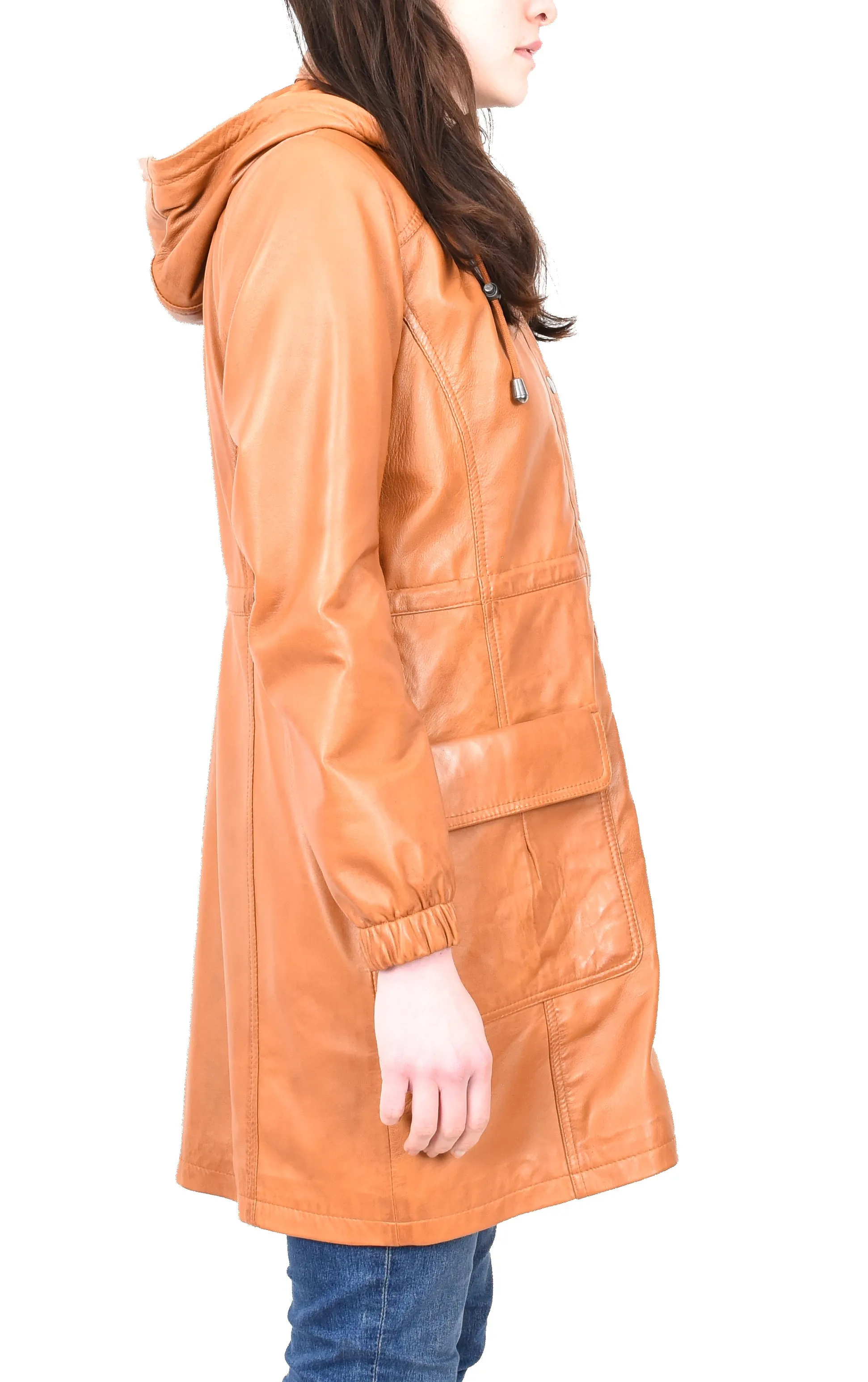 Women's Smart 3/ Length Long Leather Coat Hood Tan Yondera