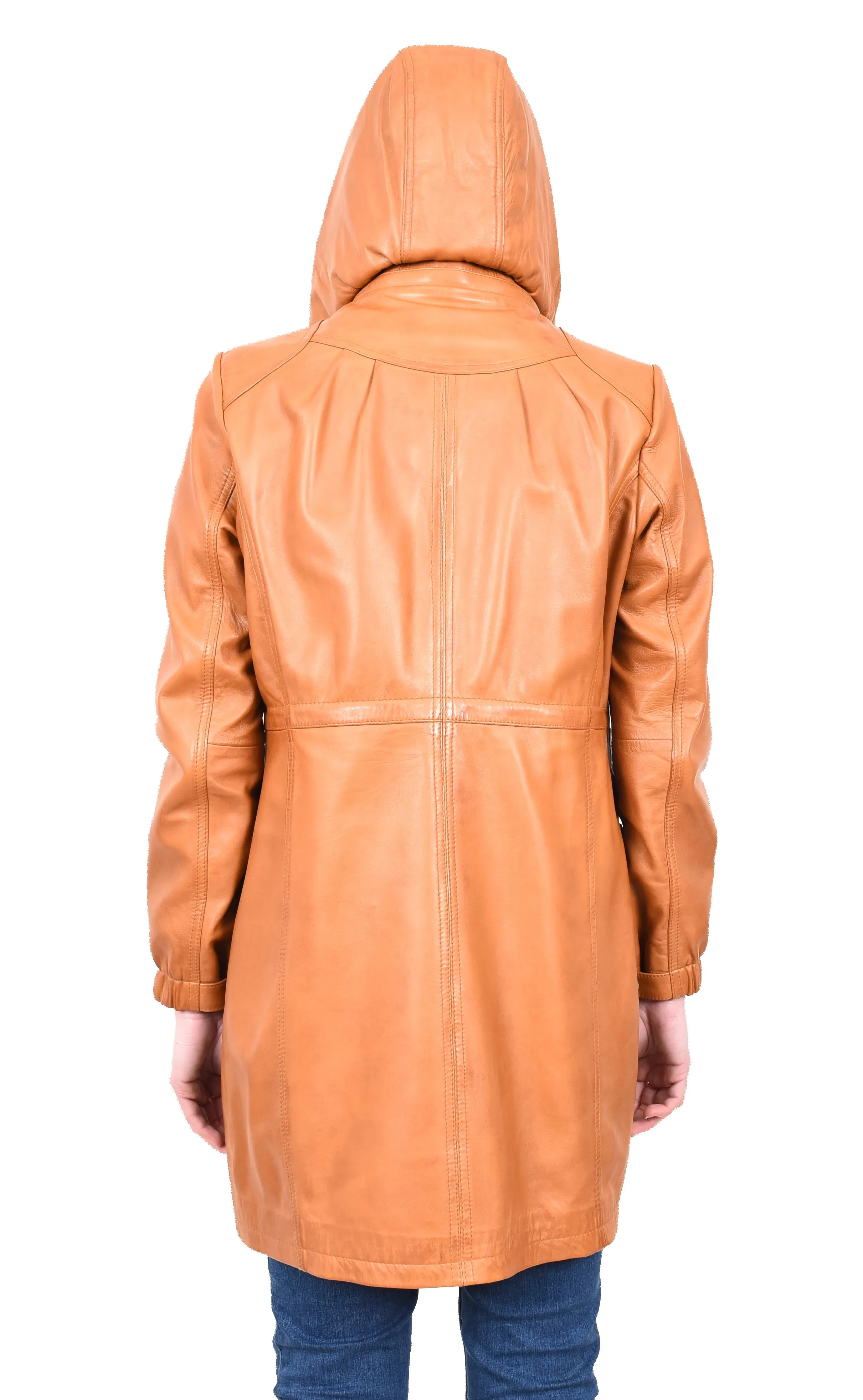 Women's Smart 3/ Length Long Leather Coat Hood Tan Yondera