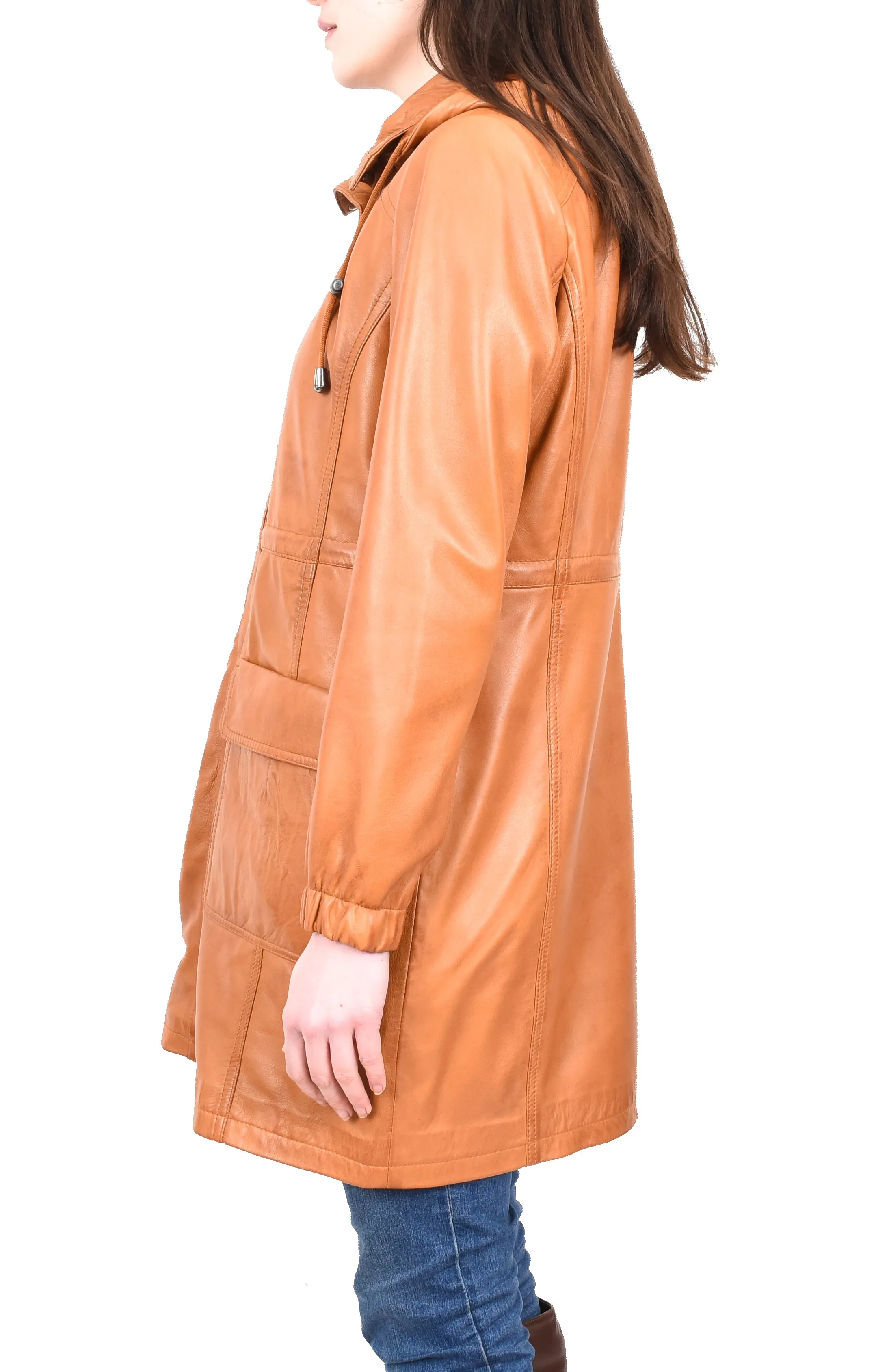 Women's Smart 3/ Length Long Leather Coat Hood Tan Yondera
