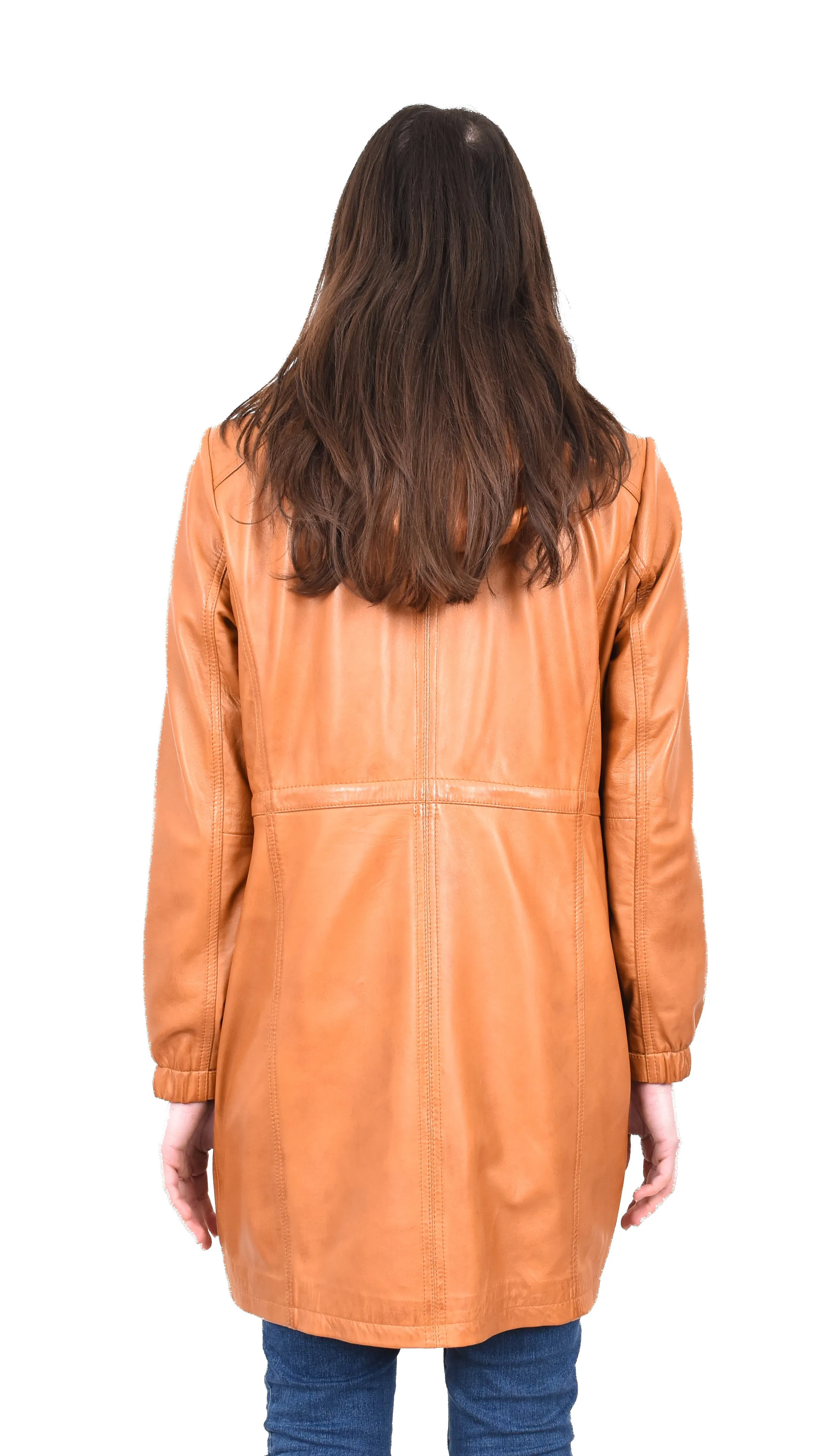 Women's Smart 3/ Length Long Leather Coat Hood Tan Yondera