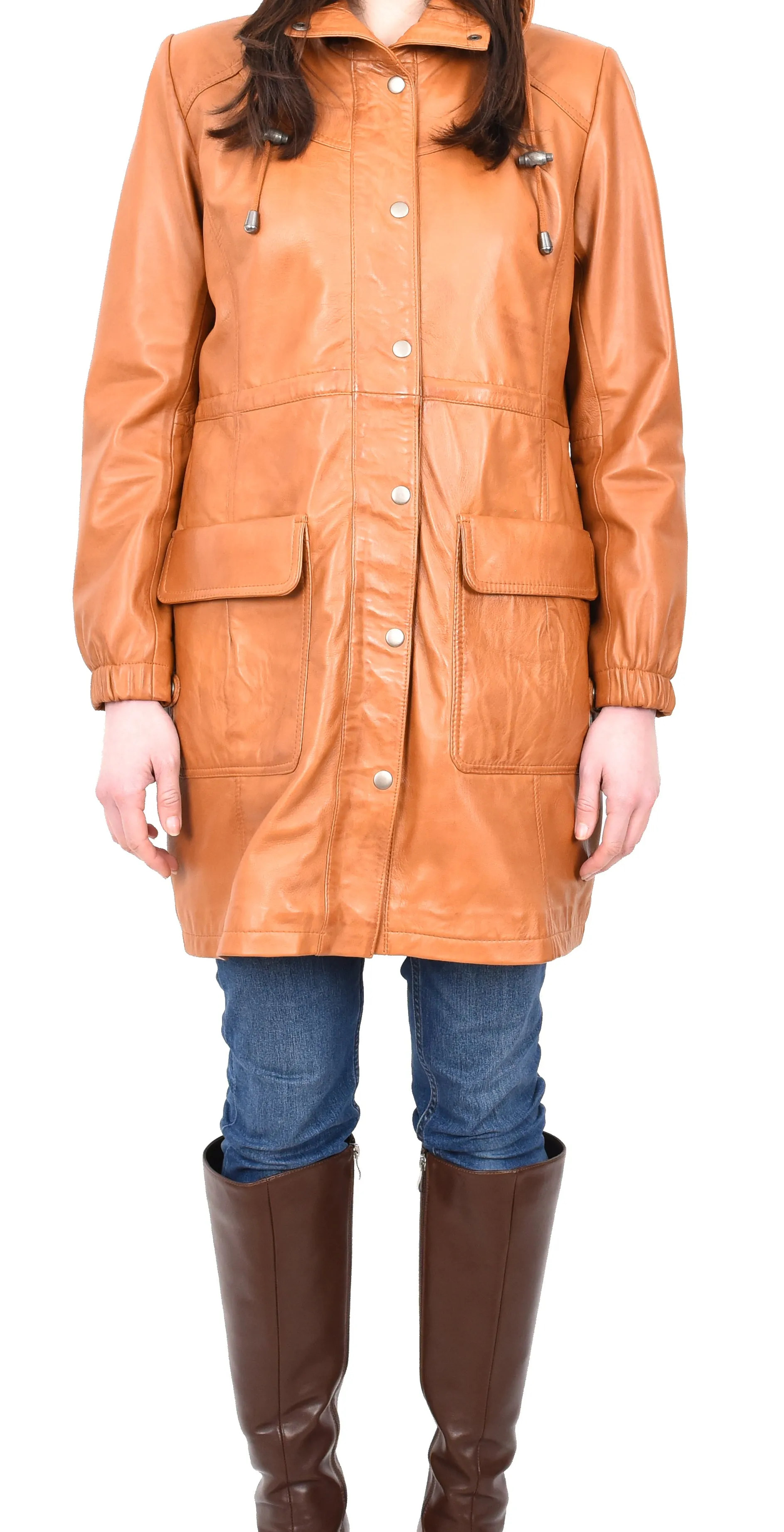 Women's Smart 3/ Length Long Leather Coat Hood Tan Yondera