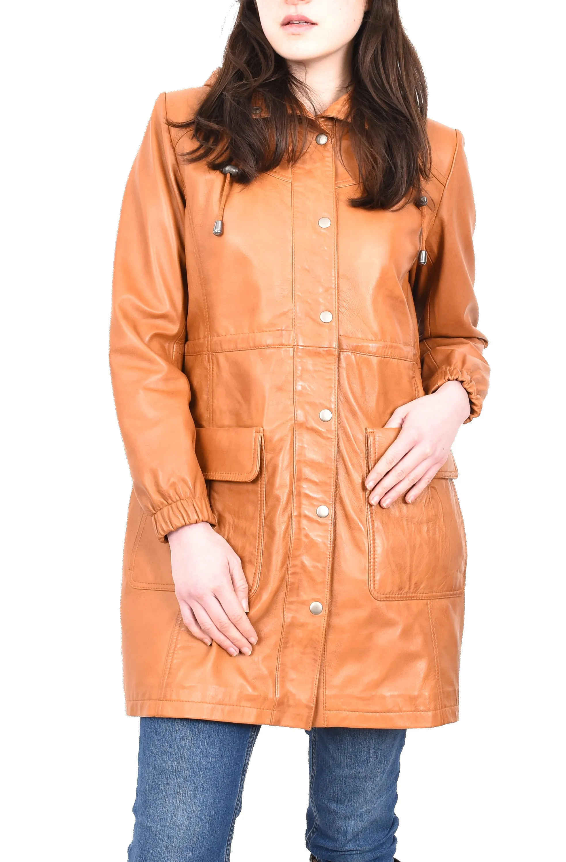 Women's Smart 3/ Length Long Leather Coat Hood Tan Yondera