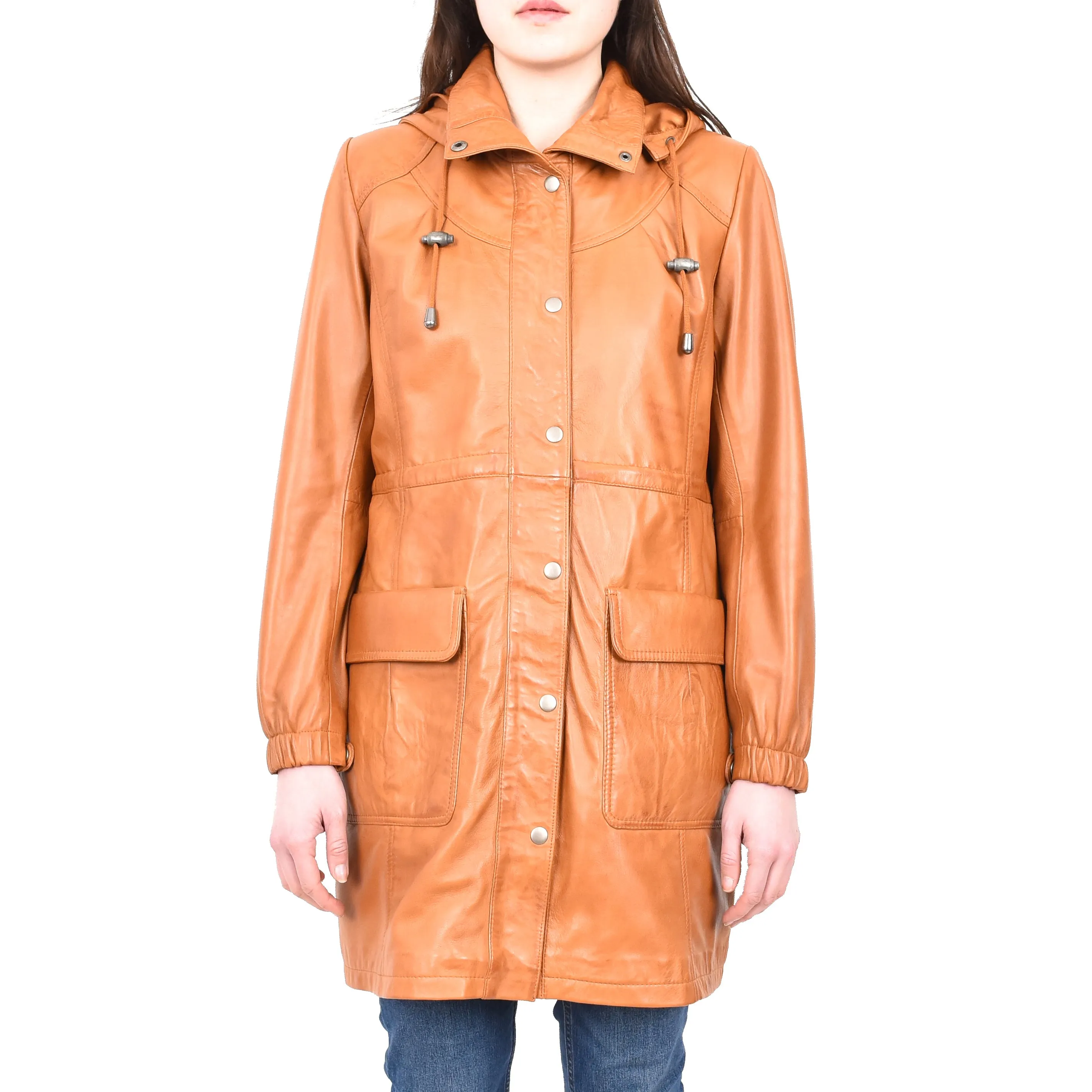 Women's Smart 3/ Length Long Leather Coat Hood Tan Yondera
