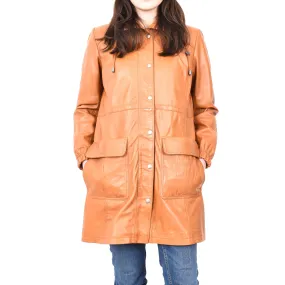 Women's Smart 3/ Length Long Leather Coat Hood Tan Yondera