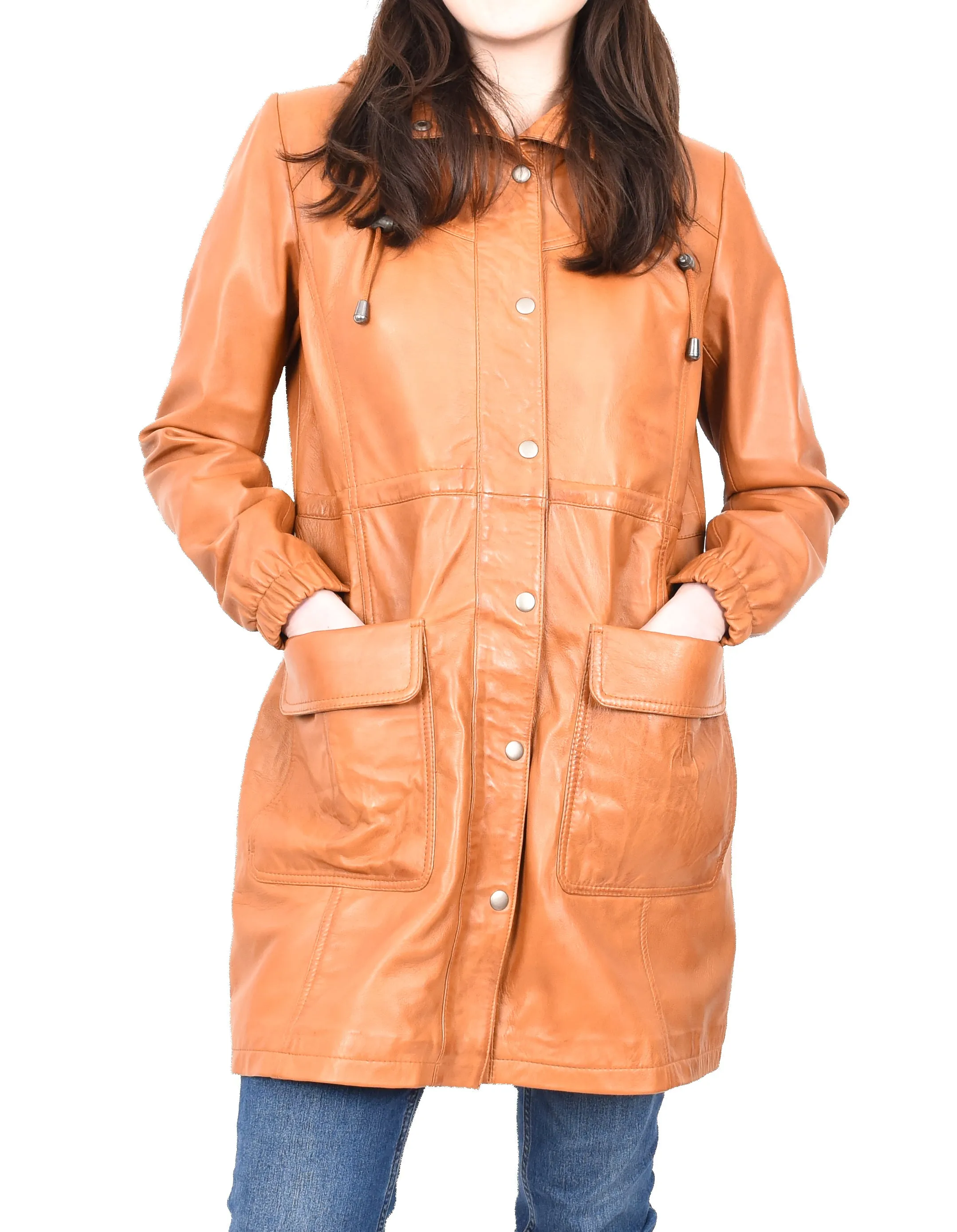Women's Smart 3/ Length Long Leather Coat Hood Tan Yondera