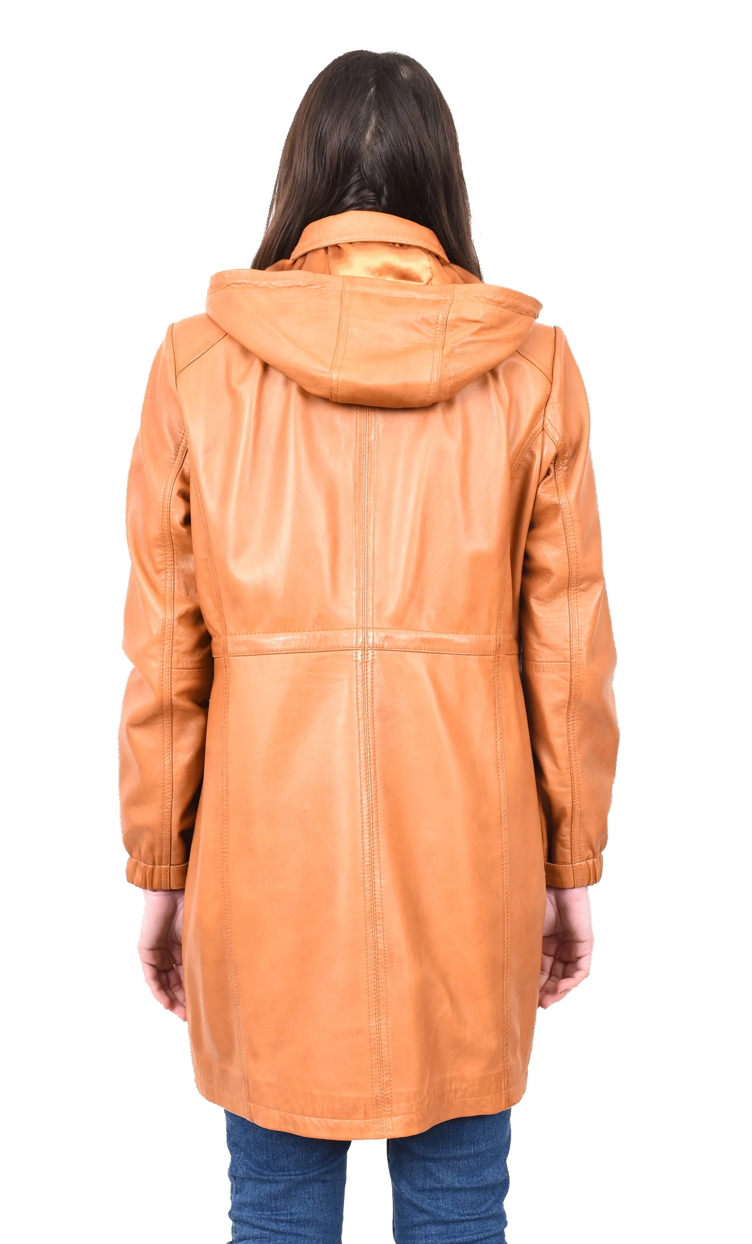 Women's Smart 3/ Length Long Leather Coat Hood Tan Yondera